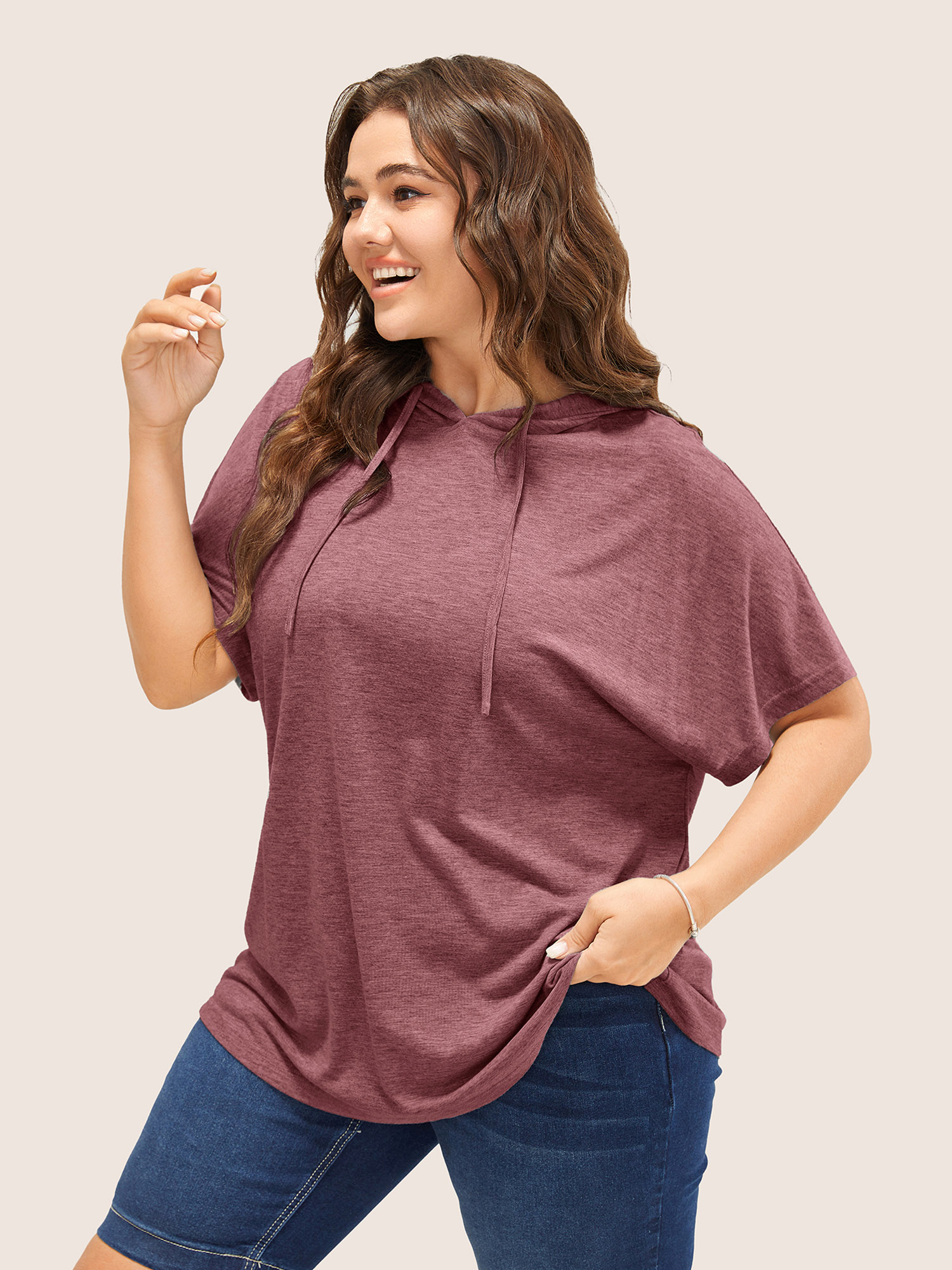 Plus Size Solid Batwing Sleeve Drawstring Hooded T-shirt Russet Women Casual Drawstring Plain Hooded Everyday T-shirts BloomChic 26/4X 