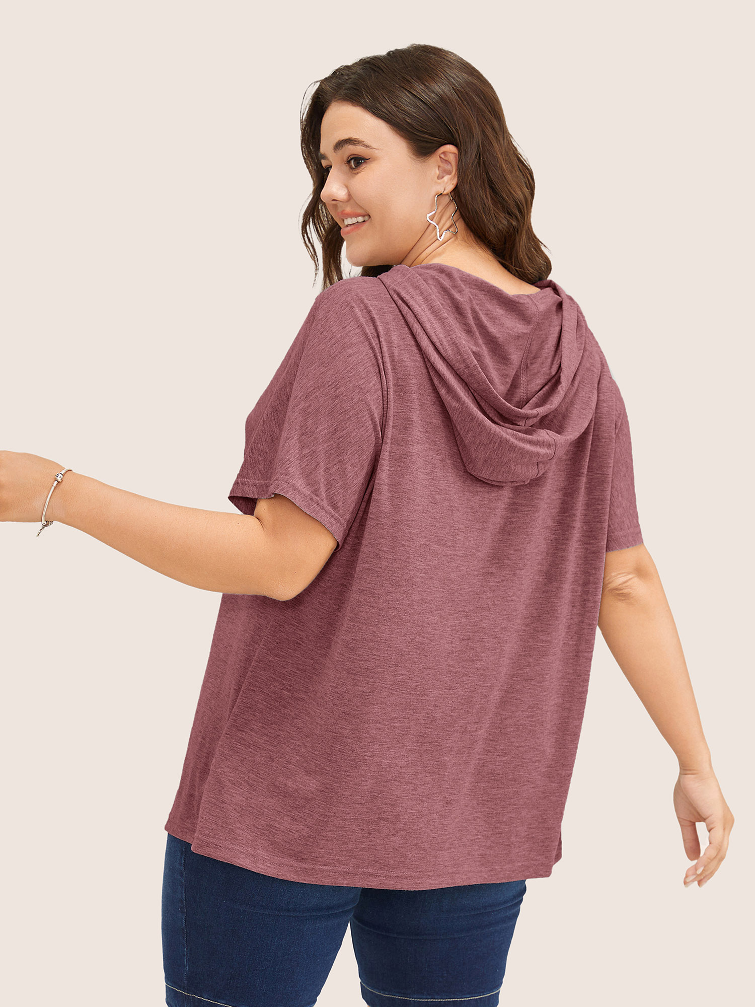 Plus Size Solid Batwing Sleeve Drawstring Hooded T-shirt Russet Women Casual Drawstring Plain Hooded Everyday T-shirts BloomChic 26/4X 