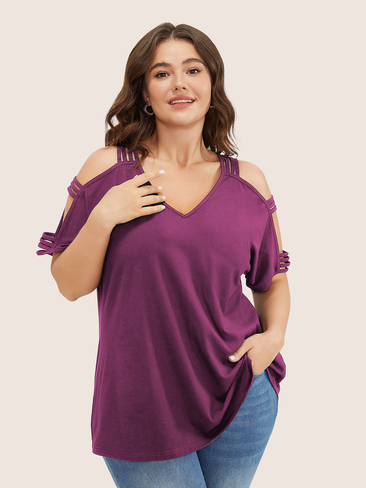 

Plus Size Solid Cut Out Batwing Sleeve T-shirt RedViolet Women Resort Cut-Out Plain V-neck Vacation T-shirts BloomChic