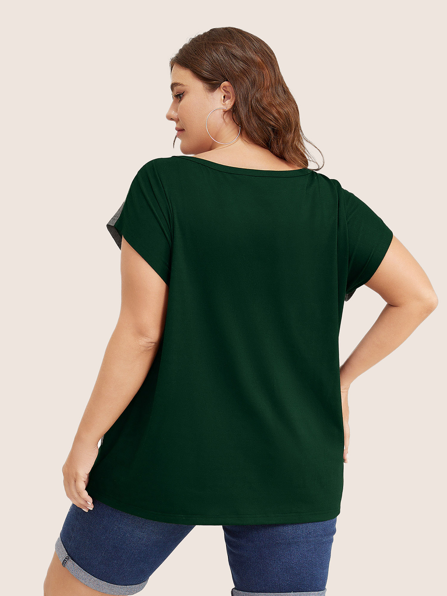 Plus Size Color Block Contrast Binding Batwing Sleeve T-shirt DarkGreen Women Casual Contrast Colorblock Round Neck Everyday T-shirts BloomChic 22-24/3X 