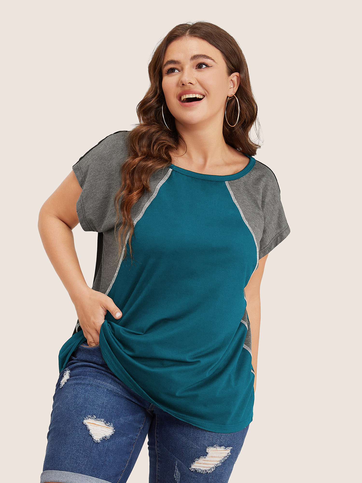 

Plus Size Color Block Contrast Binding Batwing Sleeve T-shirt Aegean Women Casual Contrast Colorblock Round Neck Everyday T-shirts BloomChic
