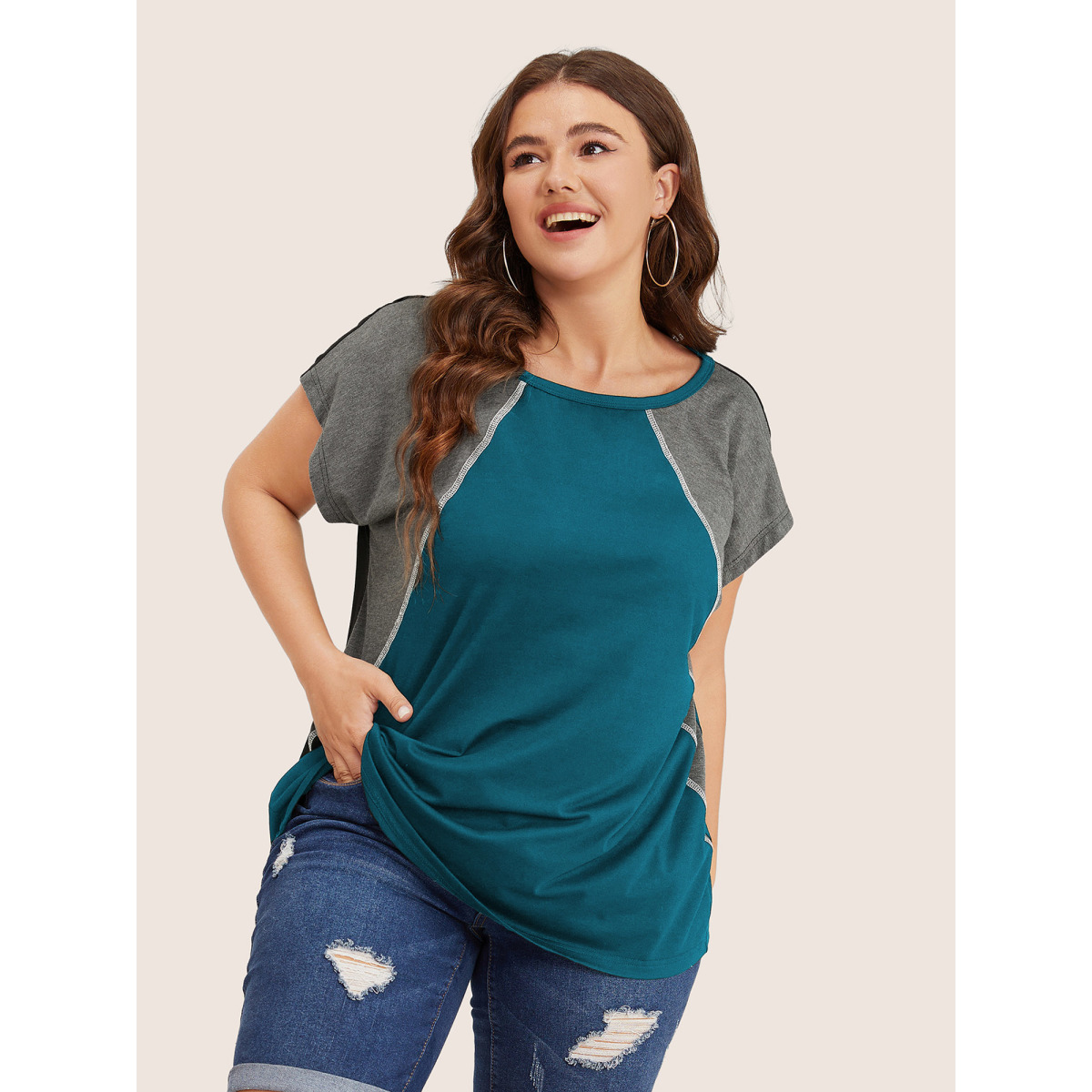 

Plus Size Color Block Contrast Binding Batwing Sleeve T-shirt Aegean Women Casual Contrast Colorblock Round Neck Everyday T-shirts BloomChic