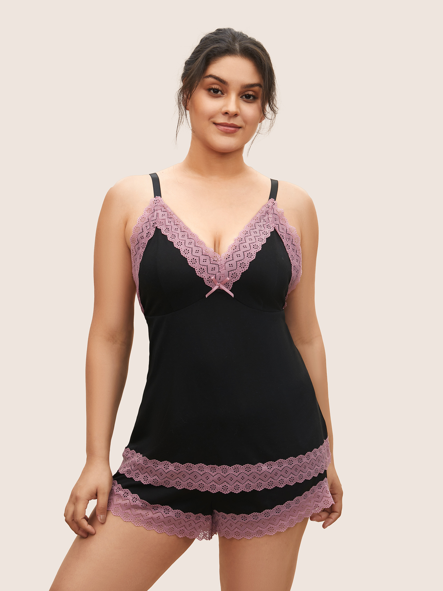 

Plus Size Patchwork Bowknot Lace Panel Loungewear Set Women Black See through Sleeveless Deep V-neck Lounge Loungewear Sets BloomChic