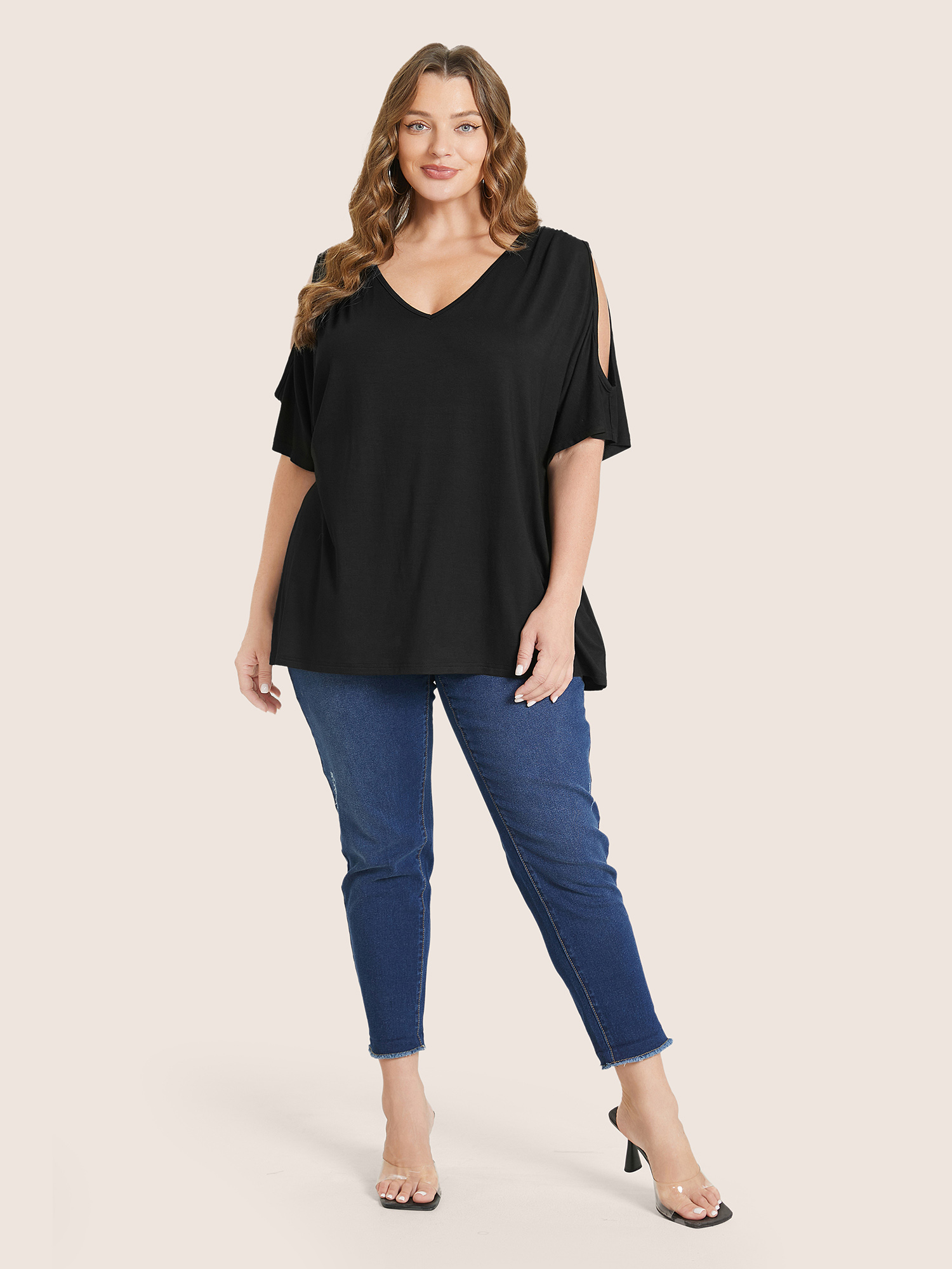 Plus Size Women Everyday Plain Cut-Out Regular Sleeve Short sleeve Cold Shoulder Elegant T-shirts BloomChic 