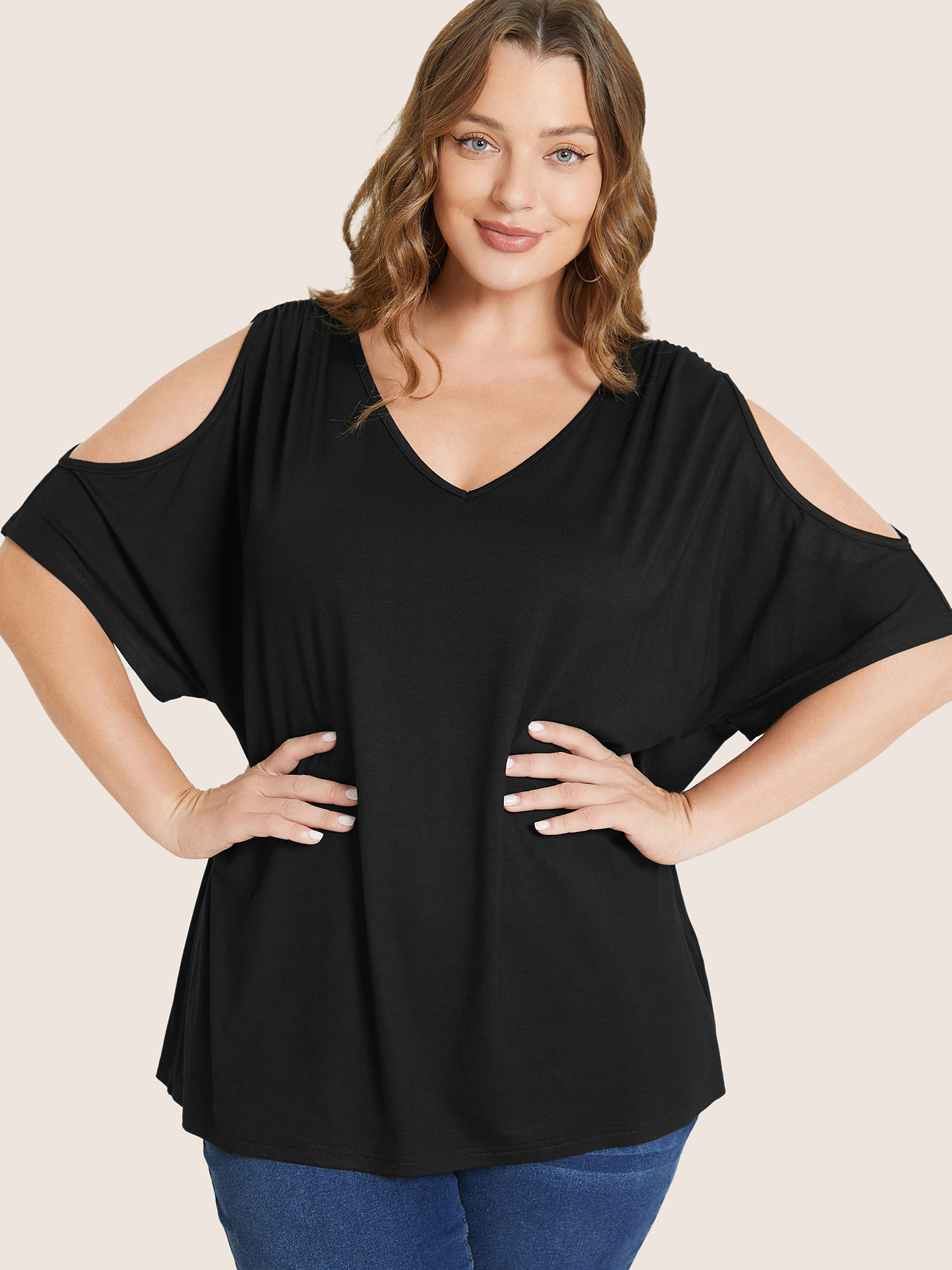 Plus Size Women Everyday Plain Cut-Out Regular Sleeve Short sleeve Cold Shoulder Elegant T-shirts BloomChic 