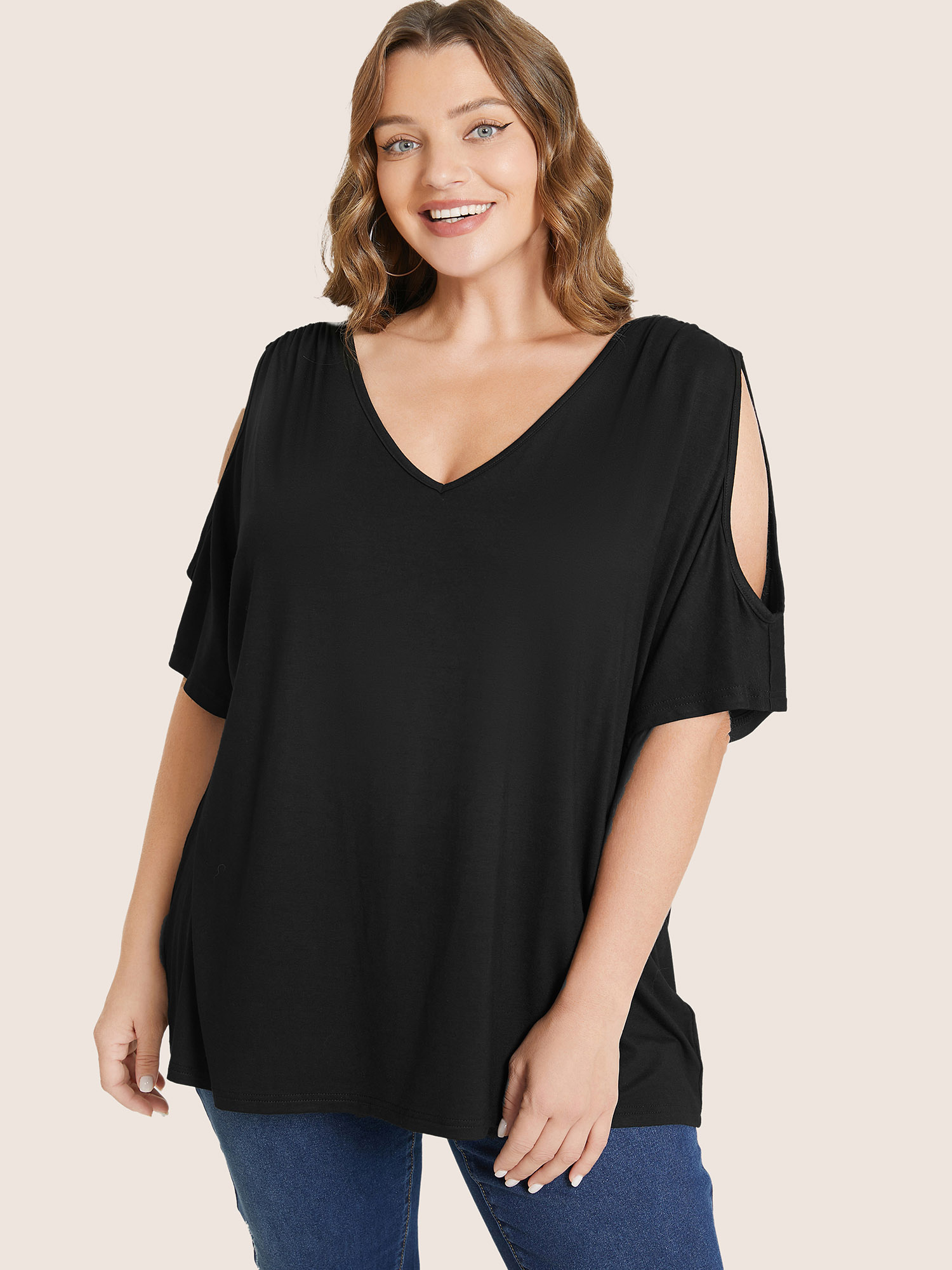 Plus Size Women Everyday Plain Cut-Out Regular Sleeve Short sleeve Cold Shoulder Elegant T-shirts BloomChic 