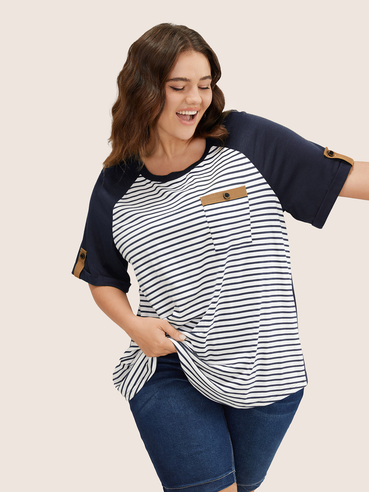 

Plus Size Striped Contrast Patched Pocket Roll Raglan Sleeve T-shirt Indigo Women Casual Contrast Striped Round Neck Everyday T-shirts BloomChic