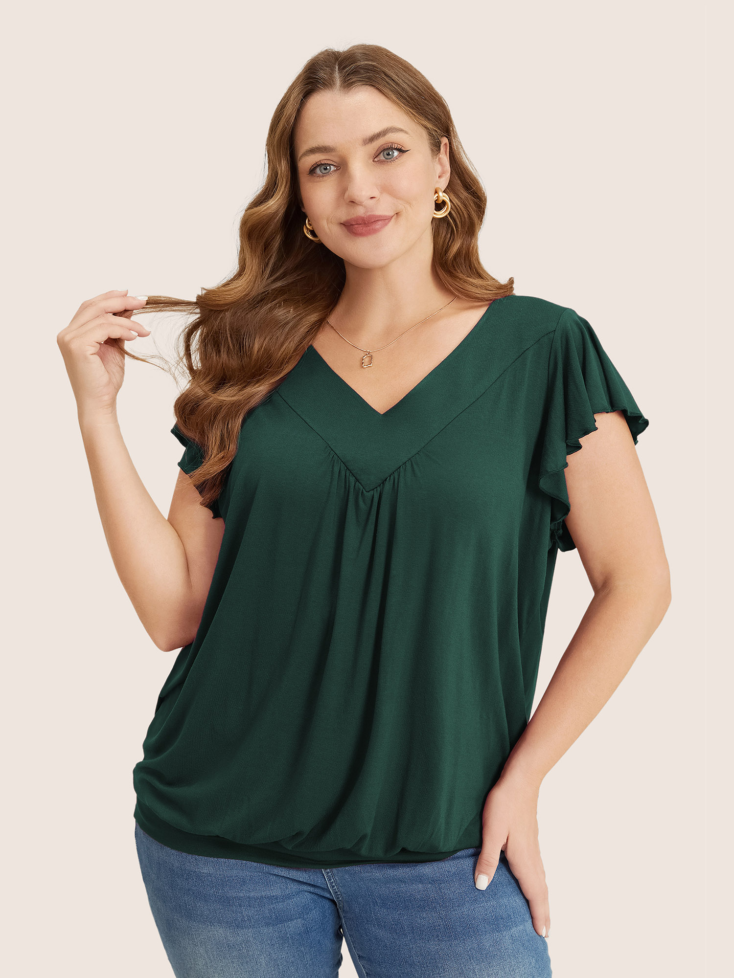 

Plain Gathered V Neck Ruffle Sleeve T-shirt, Darkgreen