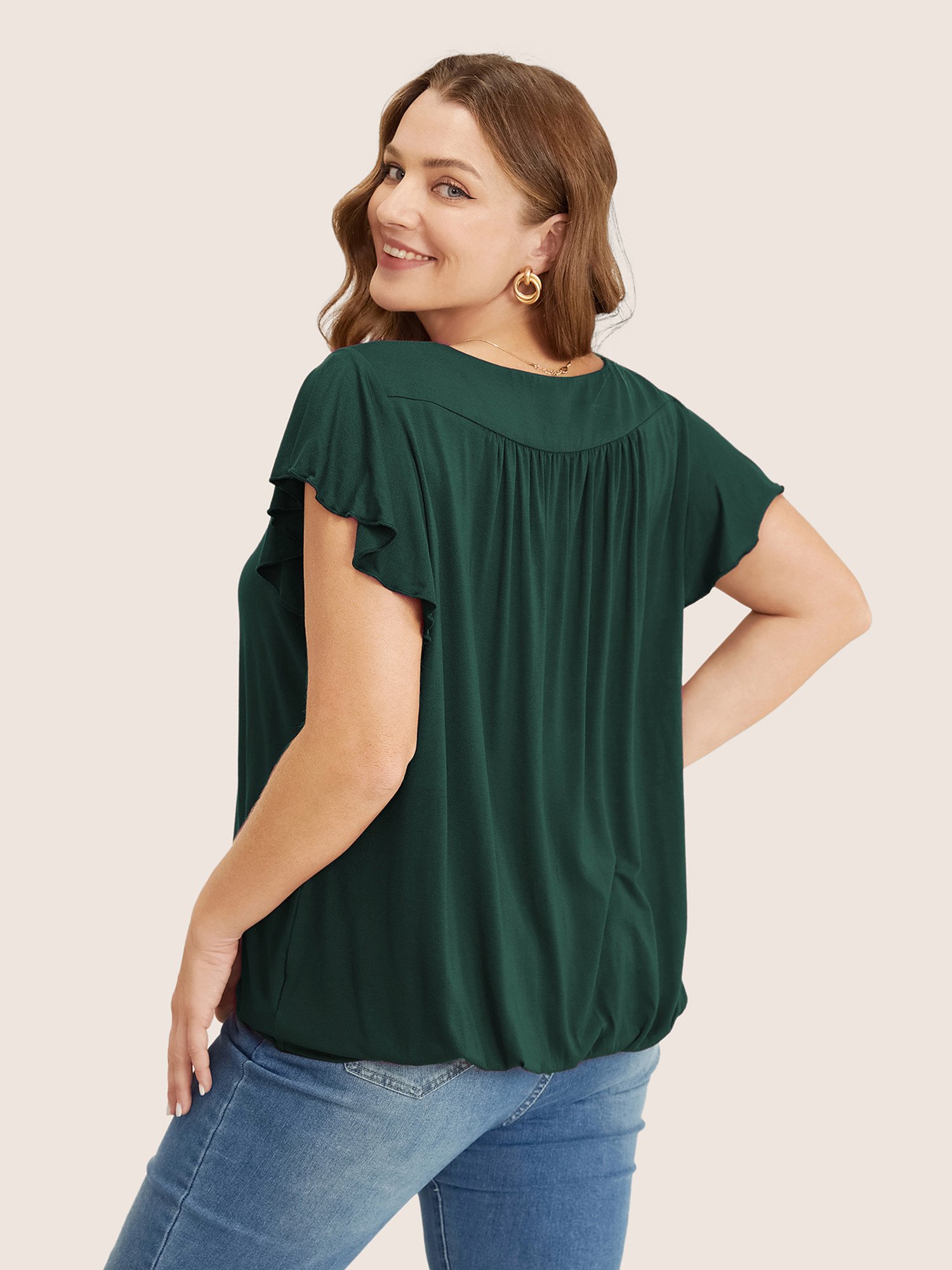 

Plus Size Plain Gathered V Neck Ruffle Sleeve T-shirt DarkGreen Women Elegant Gathered Plain V-neck Everyday T-shirts BloomChic