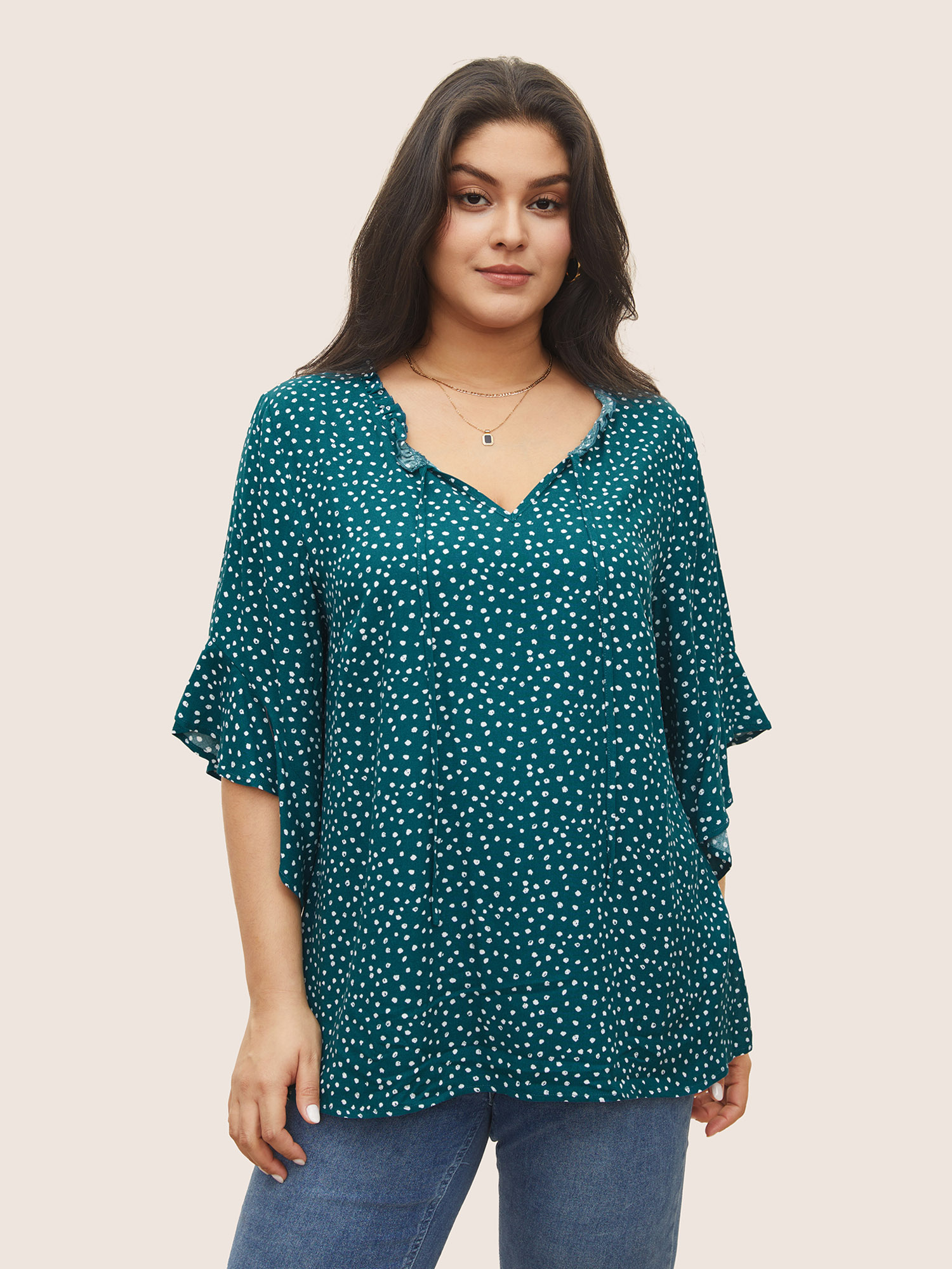 Plus Size Emerald Tie Neck Polka Dot Patchwork Ruffle Sleeve Blouse Women Elegant Half Sleeve V-neck Everyday Blouses BloomChic 30/6X 