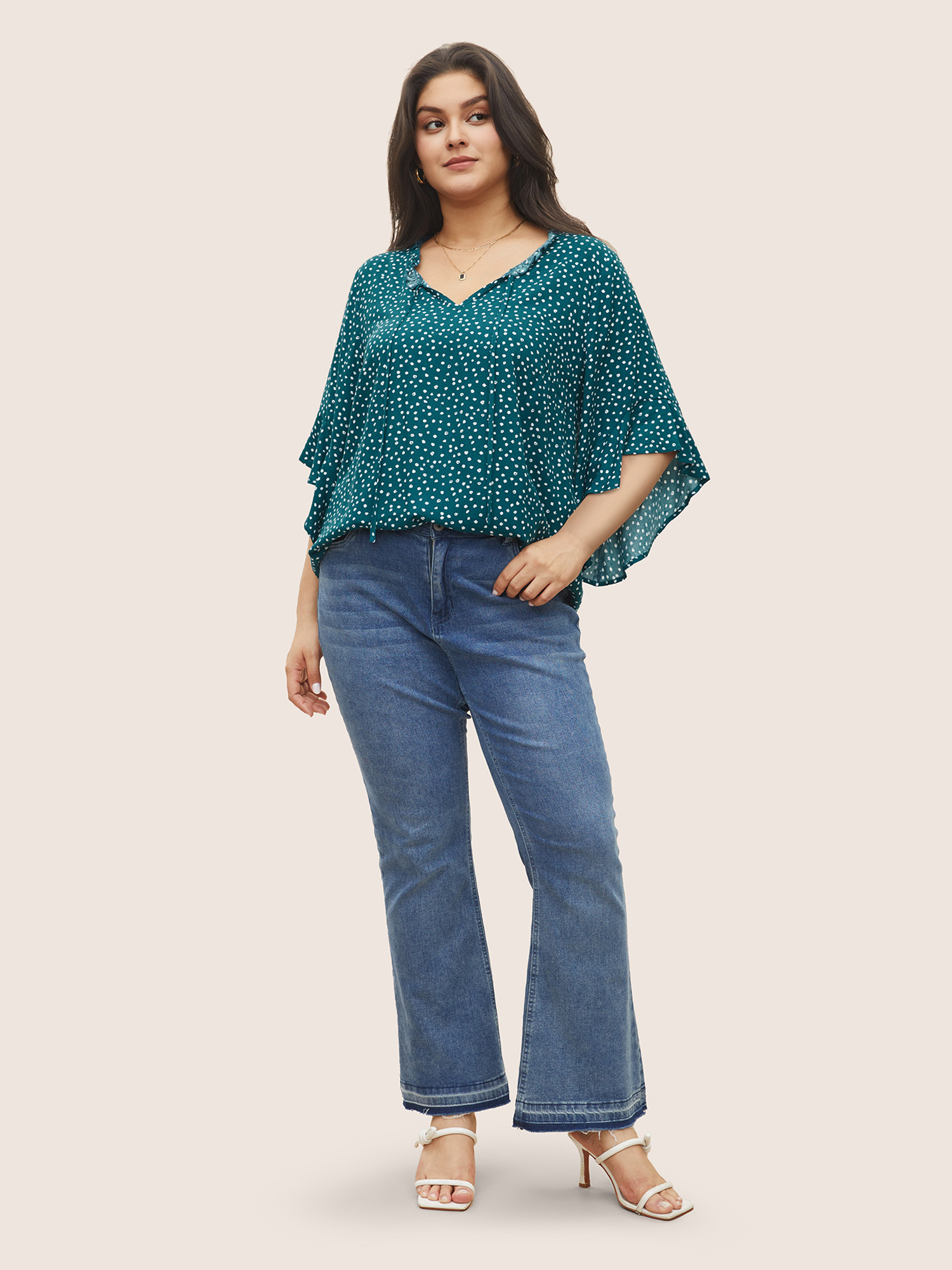 Plus Size Emerald Tie Neck Polka Dot Patchwork Ruffle Sleeve Blouse Women Elegant Half Sleeve V-neck Everyday Blouses BloomChic 30/6X 