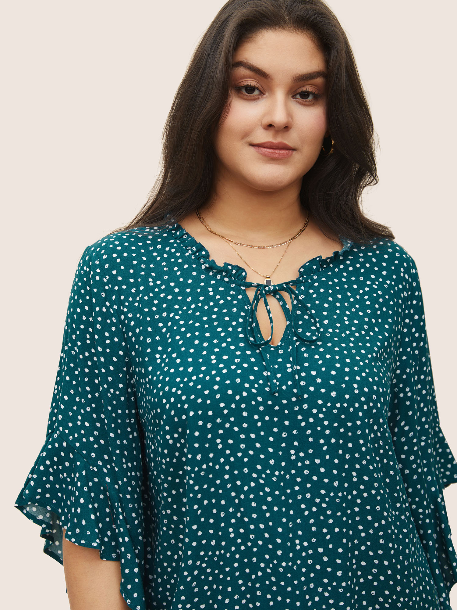 Plus Size Emerald Tie Neck Polka Dot Patchwork Ruffle Sleeve Blouse Women Elegant Half Sleeve V-neck Everyday Blouses BloomChic 30/6X 