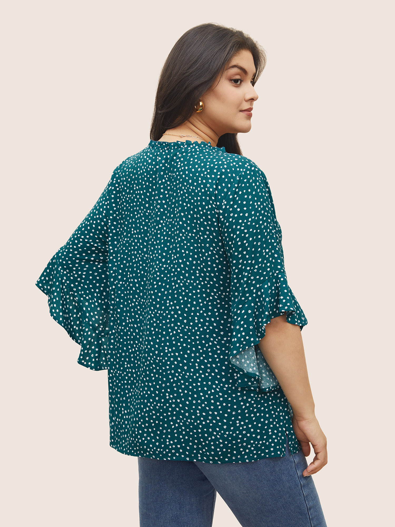 Plus Size Emerald Tie Neck Polka Dot Patchwork Ruffle Sleeve Blouse Women Elegant Half Sleeve V-neck Everyday Blouses BloomChic 30/6X 