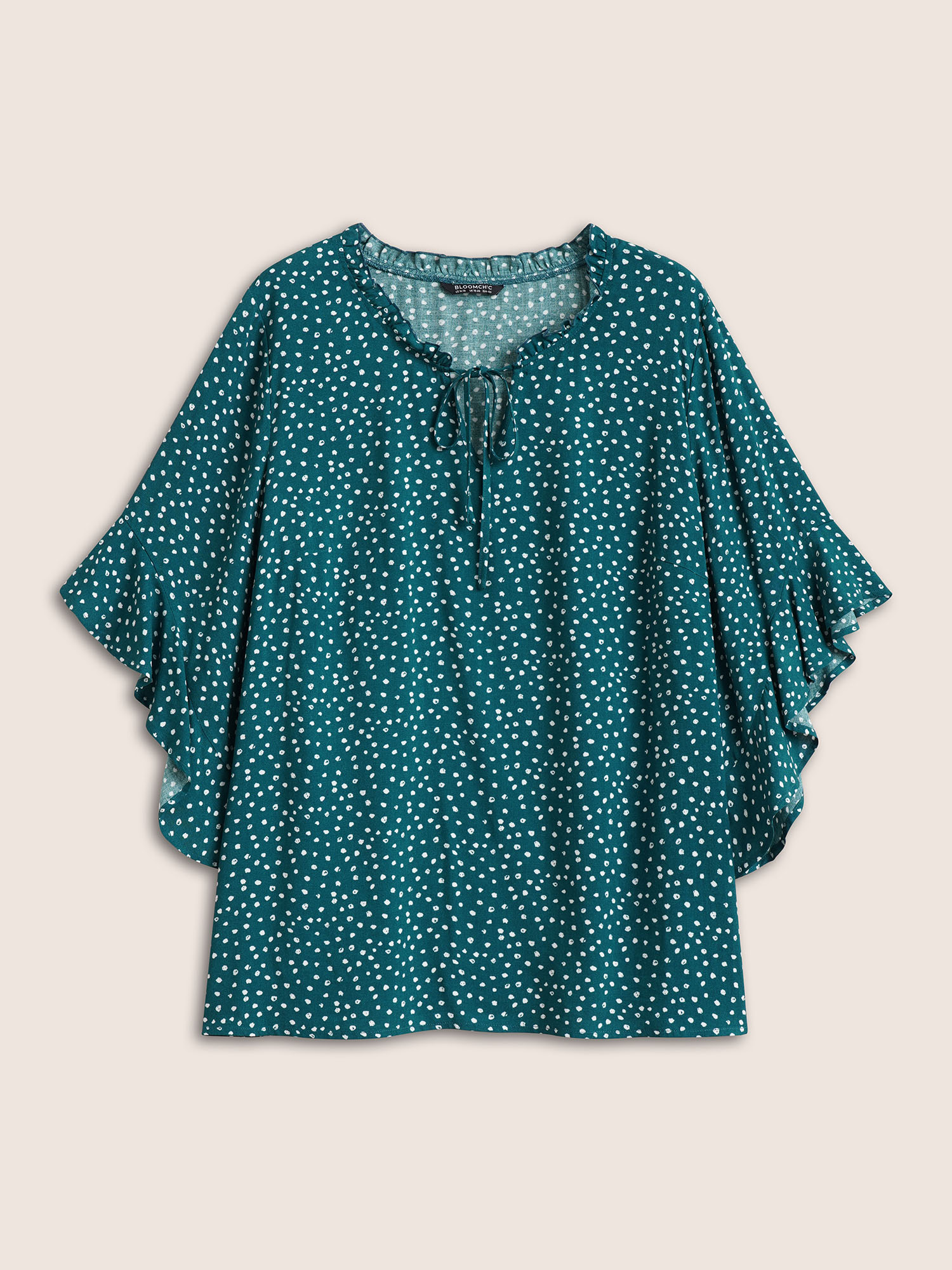 Plus Size Emerald Tie Neck Polka Dot Patchwork Ruffle Sleeve Blouse Women Elegant Half Sleeve V-neck Everyday Blouses BloomChic 30/6X 