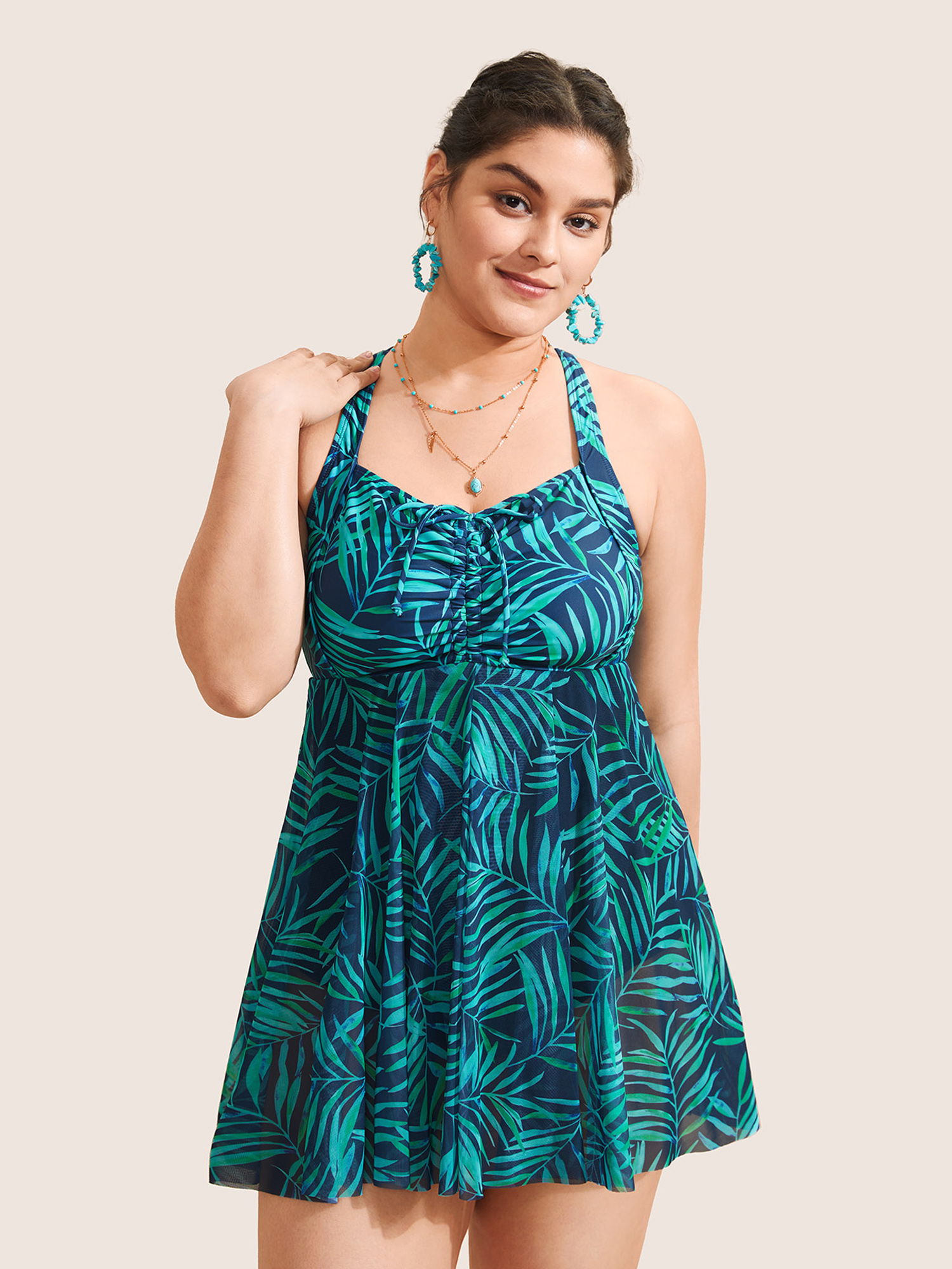 

Plus Size Tropical Plant Print Drawstring Swim Dress Women's Swimwear DarkGreen Beach Bodycon V-neck High stretch Curve Swim Dresses BloomChic