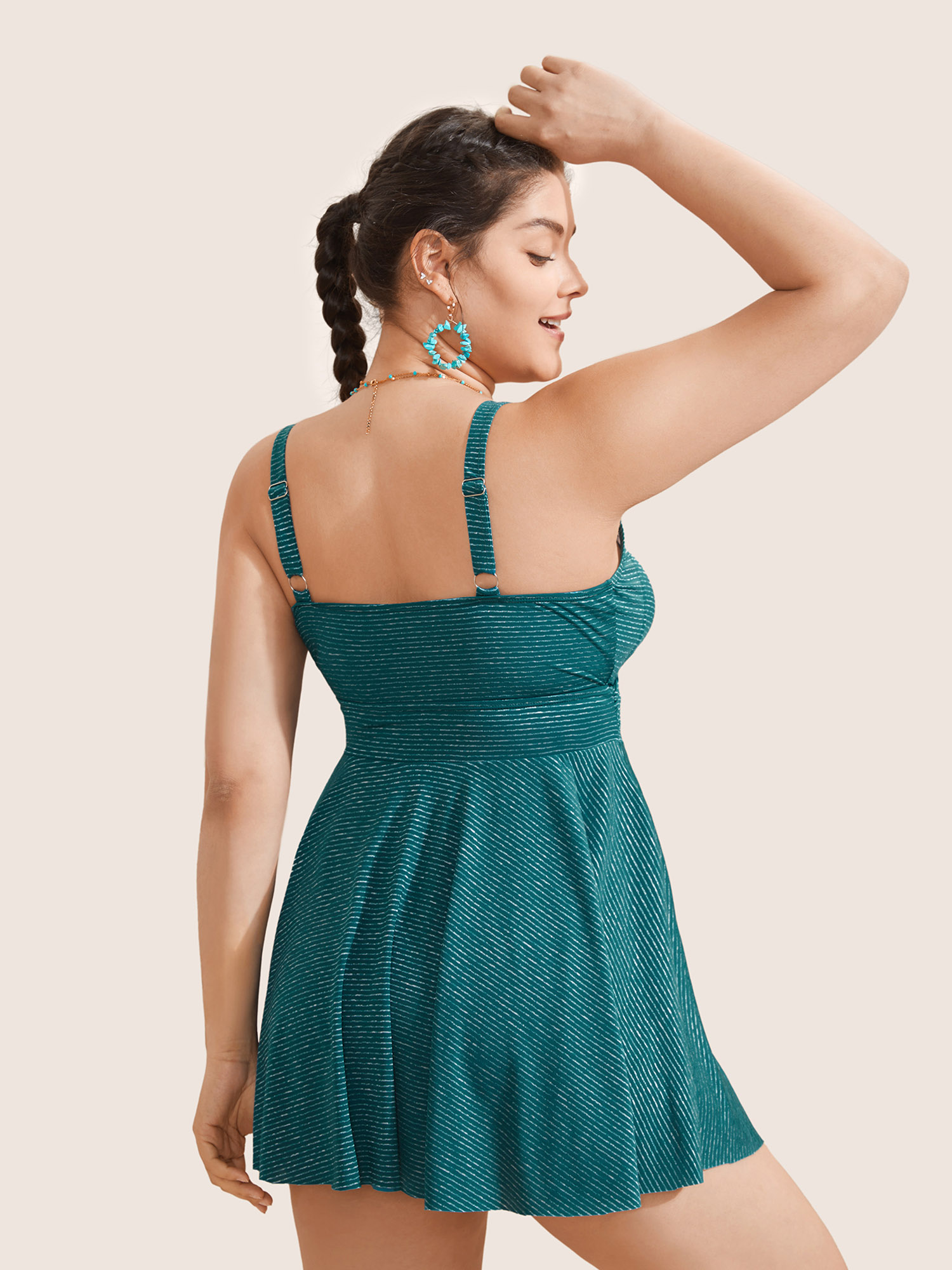 Plus Size Striped Twist Front Adjustable Straps Swim Dress Women`s Swimwear Cyan Beach Bodycon High stretch Curve Swim Dresses BloomChic 18-20/2X 