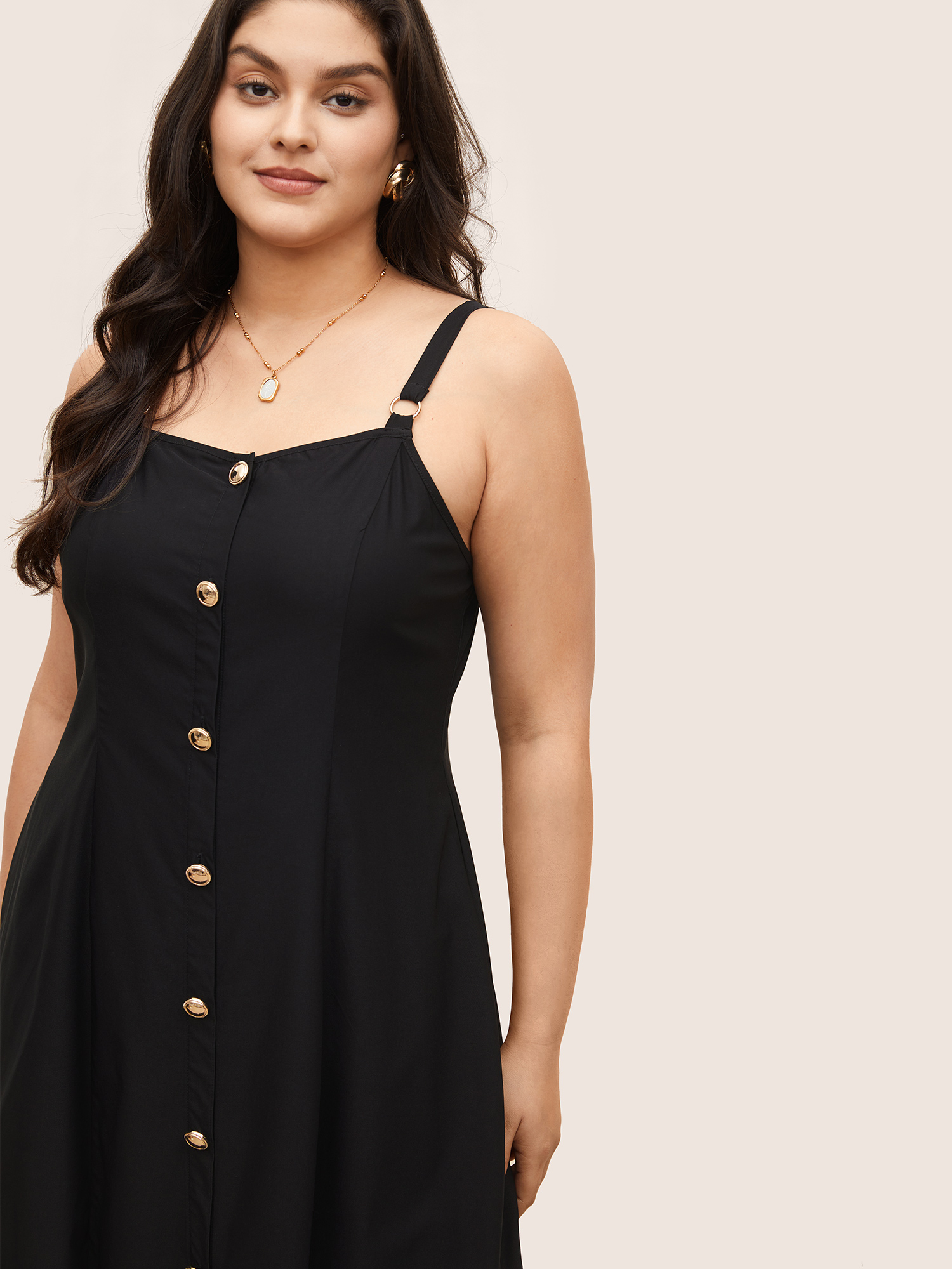 Plus Size Plain Adjustable Straps Metal Detail Pocket Dress Black Women At the Office Non Non Sleeveless Curvy Midi Dress BloomChic 26/4X 