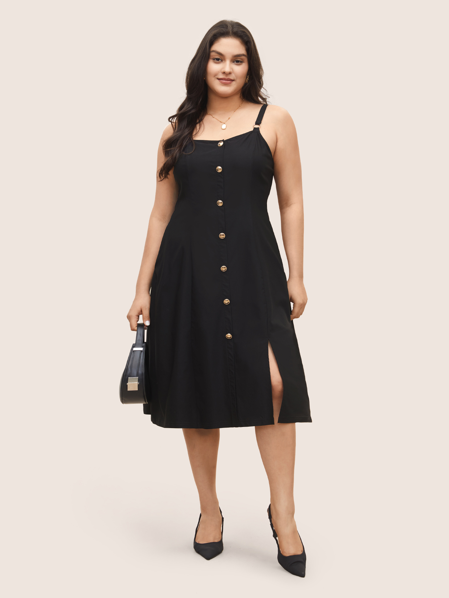 

Plus Size Plain Adjustable Straps Metal Detail Pocket Dress Black Women At the Office Non Non Sleeveless Curvy Midi Dress BloomChic