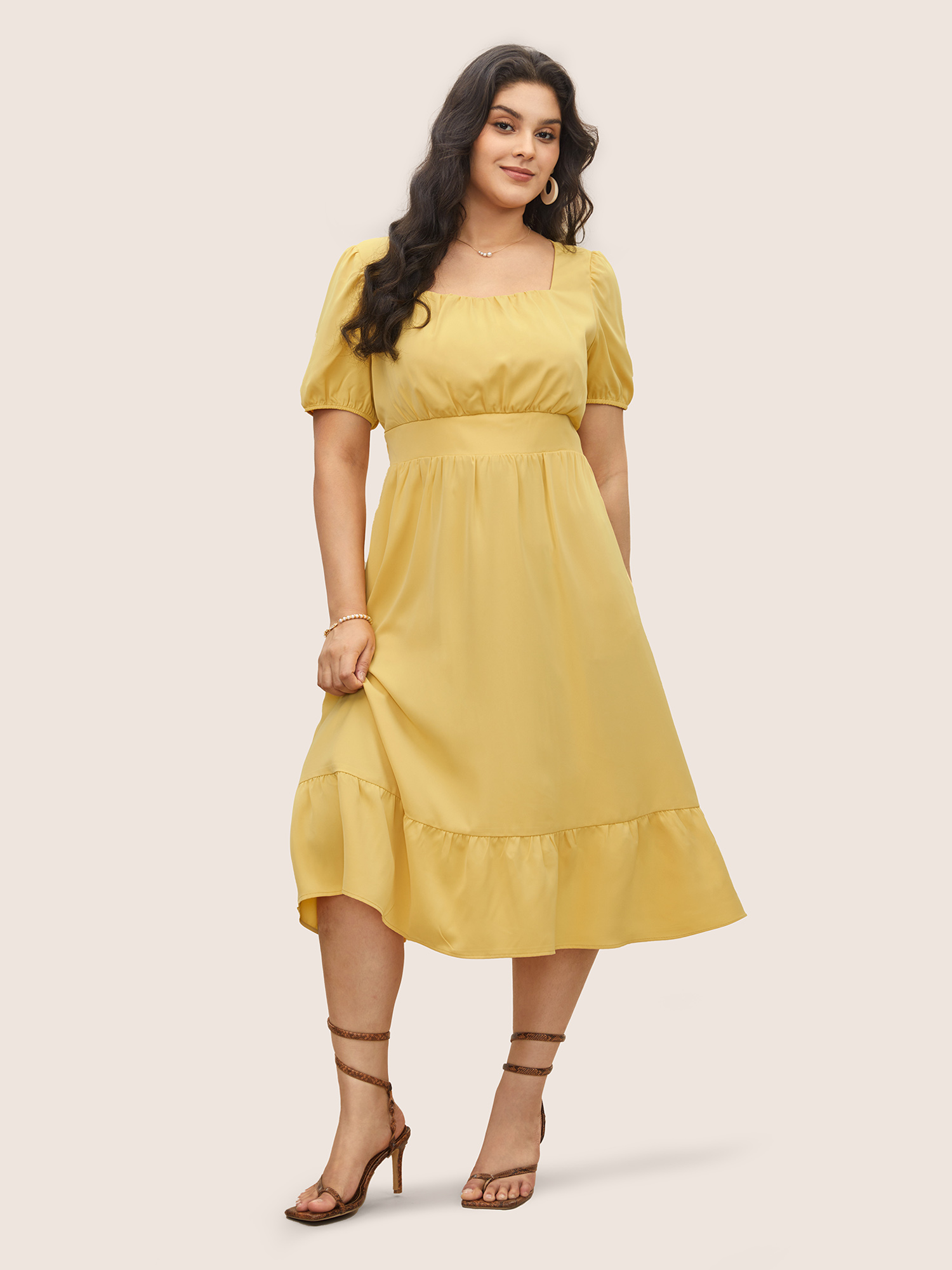 

Plus Size Square Neck Gathered Lantern Sleeve Dress Yellow Women Elegant Non Square Neck Short sleeve Curvy Midi Dress BloomChic