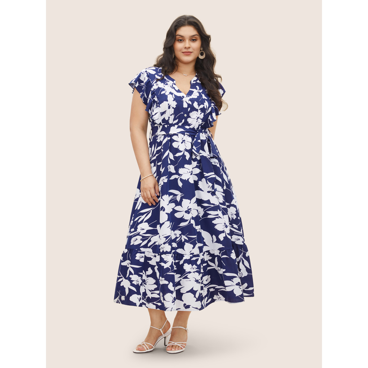 

Plus Size Silhouette Floral Print Ruffle Cap Sleeve Dress Navy Women Belted Notched collar Cap Sleeve Curvy Midi Dress BloomChic