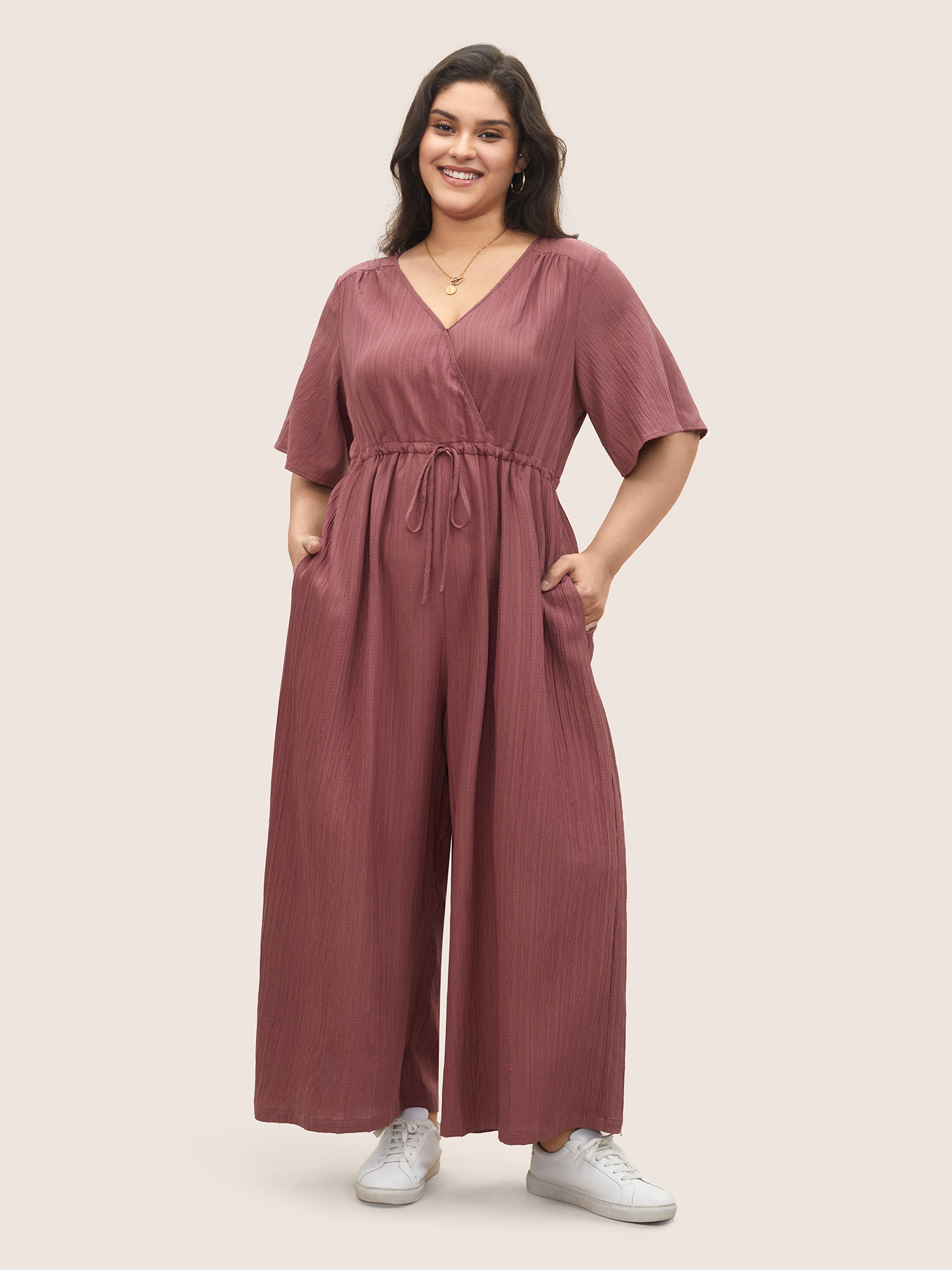 

Plus Size Burgundy Plain Texture Drawstring Pleated Wrap Jumpsuit Women Casual Short sleeve Overlap Collar Everyday Loose Jumpsuits BloomChic