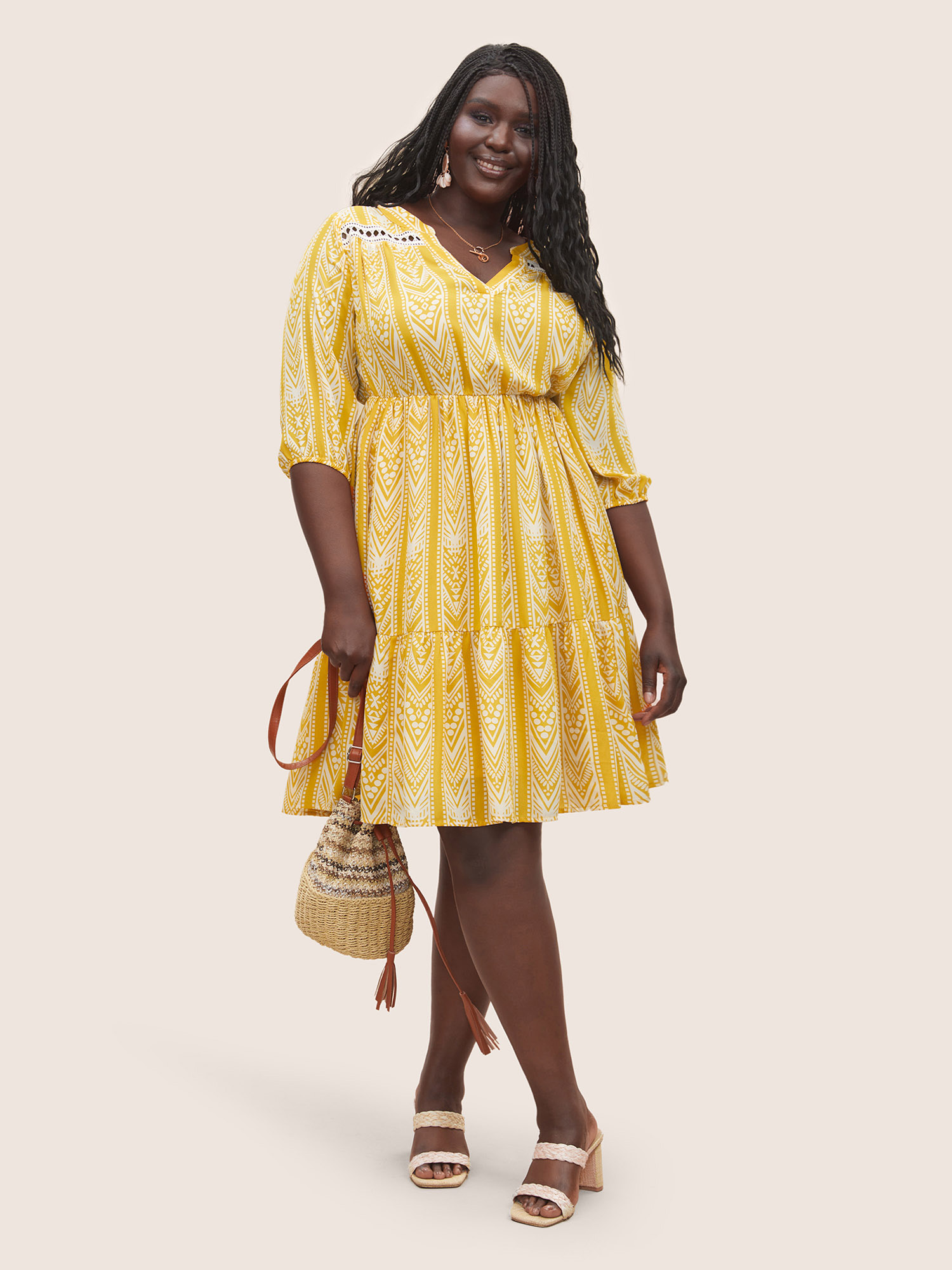 

Plus Size Bandana Geometric Notched Cut Out Dress Yellow Women Resort Non Notched collar Elbow-length sleeve Curvy Midi Dress BloomChic