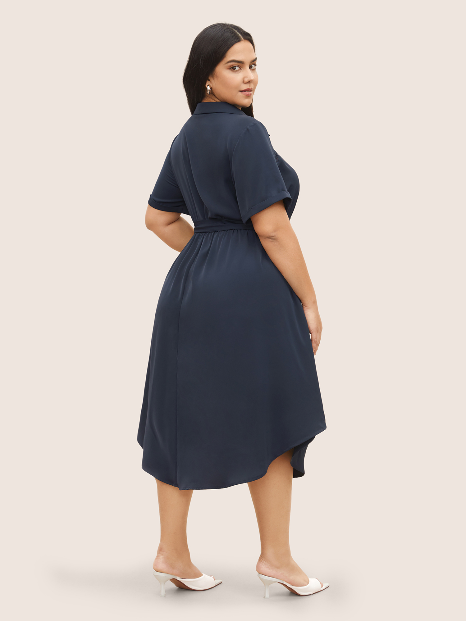 

Plus Size Plain Lace Patchwork Belted Cuffed Sleeve Dress DarkBlue Women At the Office Non Shirt collar Short sleeve Curvy Midi Dress BloomChic