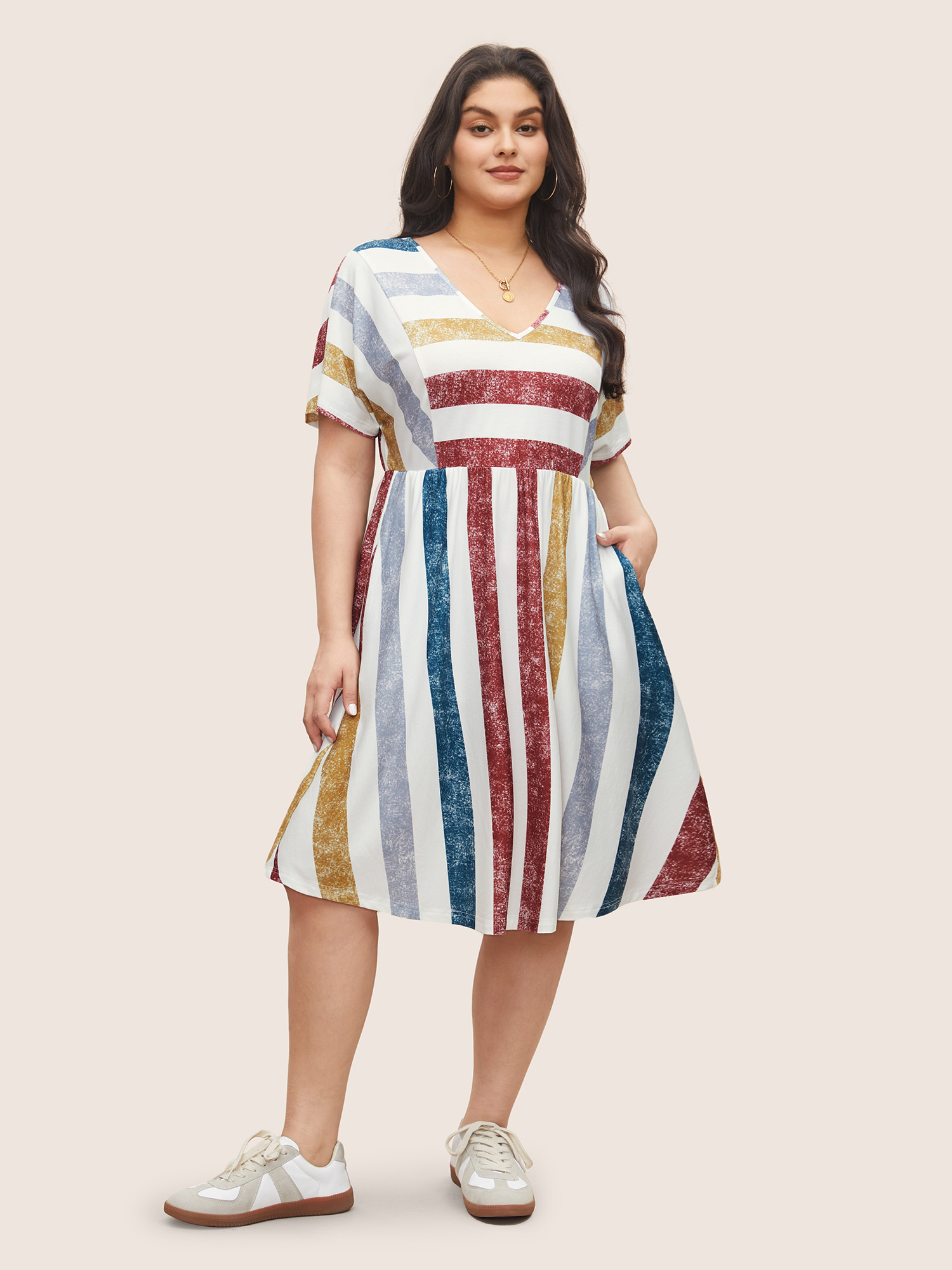 

Plus Size Color Striped Pocket Batwing Sleeve Dress Multicolor Women Non Curvy Midi Dress BloomChic