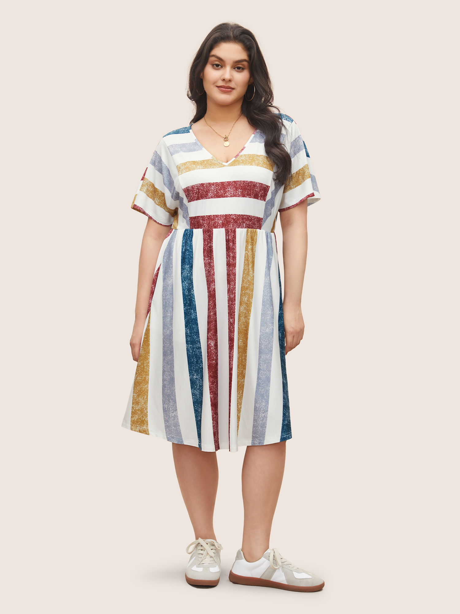 

Plus Size Color Striped Pocket Batwing Sleeve Dress Multicolor Women Casual Non V-neck Short sleeve Curvy Midi Dress BloomChic