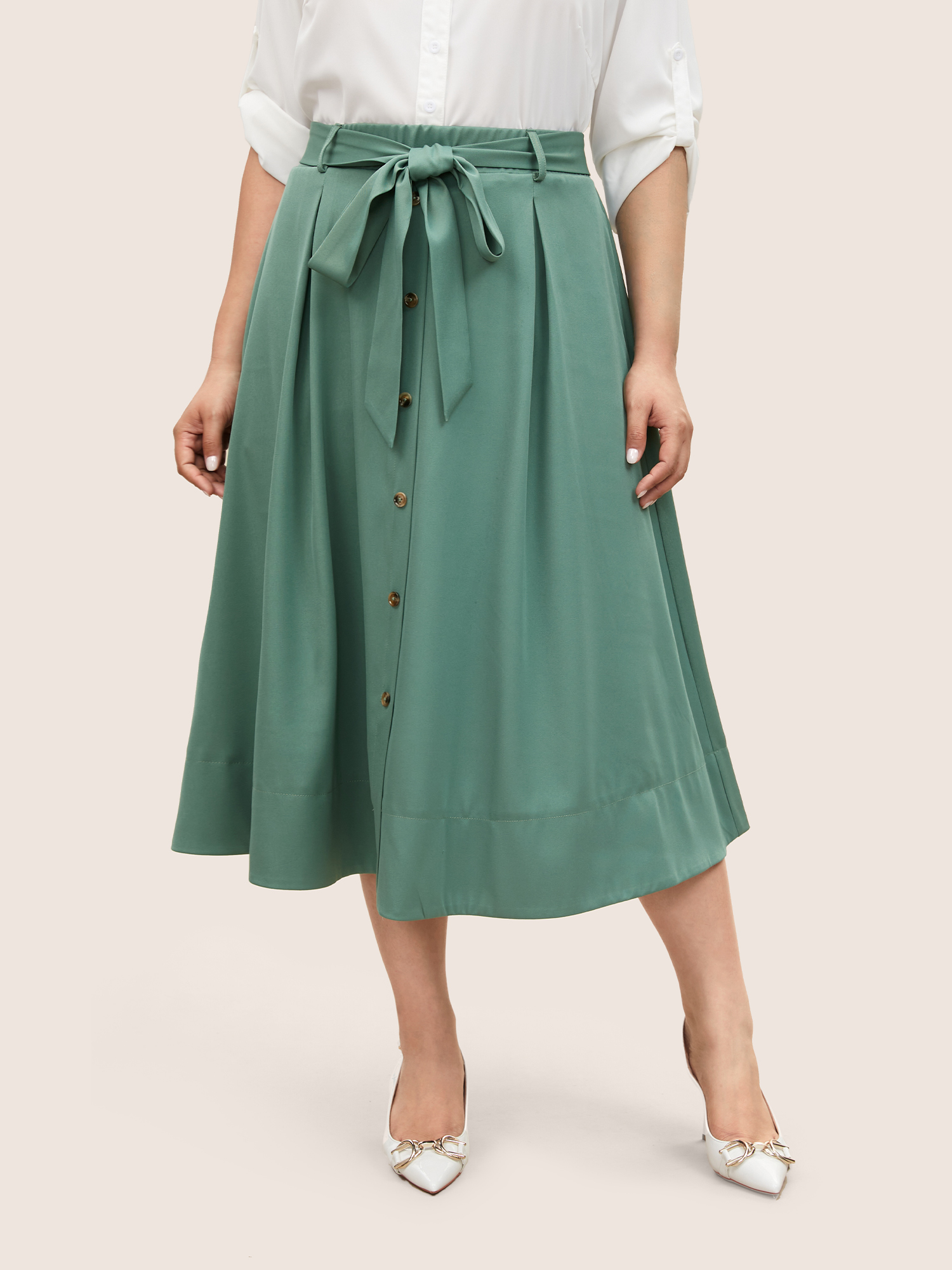 

Plus Size Plain Elastic Waist Pleated Belted Skirt Women Mint At the Office Belted No stretch Slanted pocket Belt Work Skirts BloomChic
