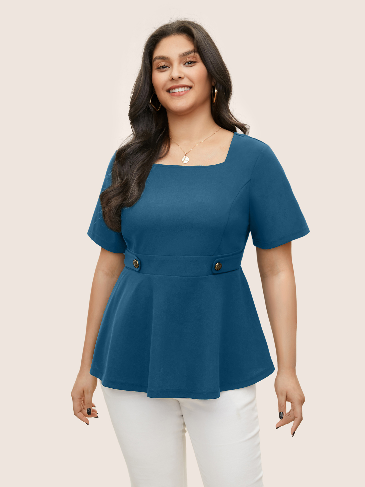 

Plus Size Cerulean Square Neck Waist Tab Gathered Blouse Women Workwear Essentials Short sleeve Square Neck Work Blouses BloomChic