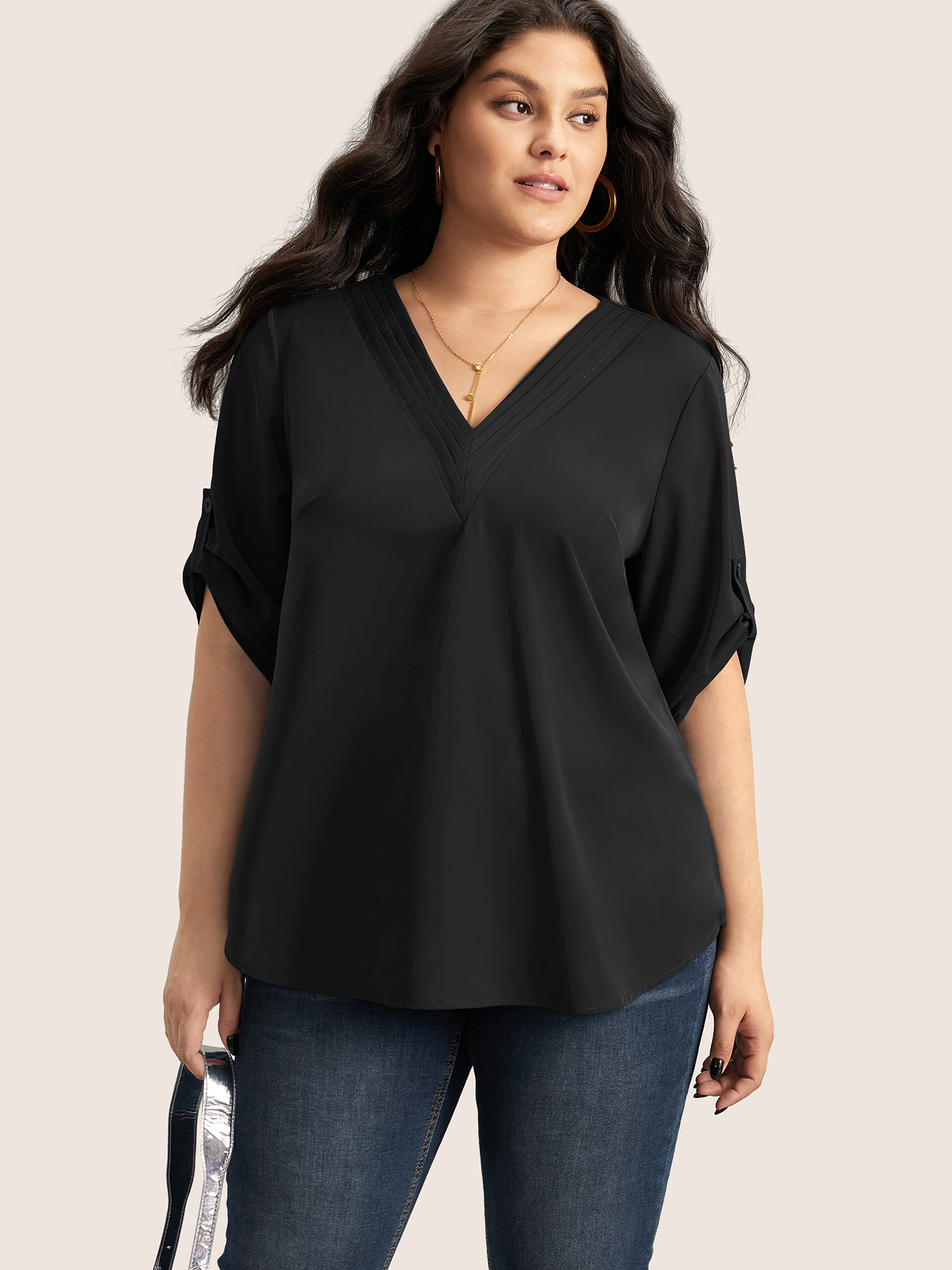 

Plus Size Black V Neck Plain Pleated Tab Sleeve Blouse Women At the Office Elbow-length sleeve V-neck Work Blouses BloomChic