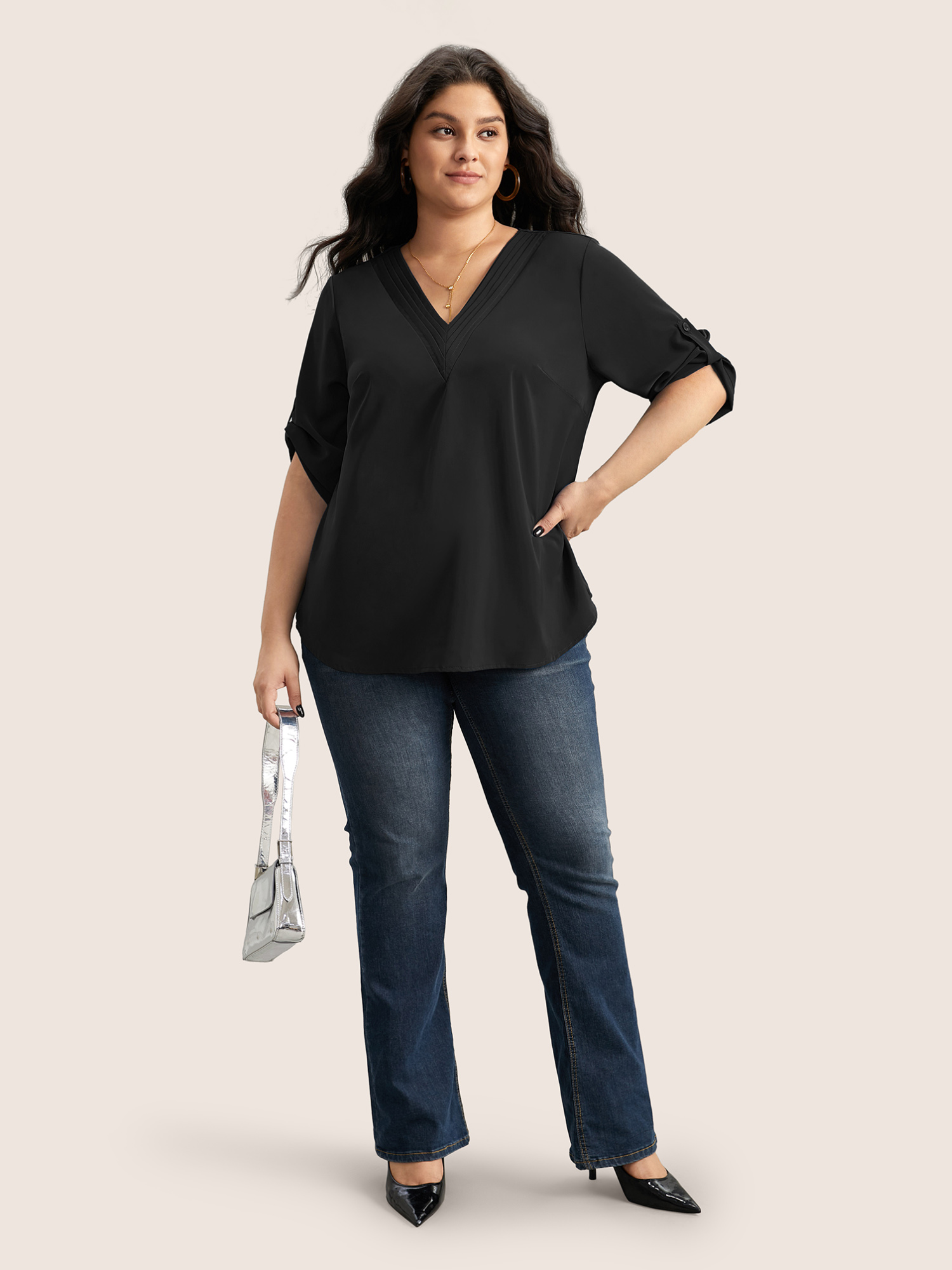 Plus Size Black Anti-Wrinkle Plain Pleated Tab Sleeve Blouse Women At the Office Elbow-length sleeve V-neck Work Blouses BloomChic 18-20/2X 