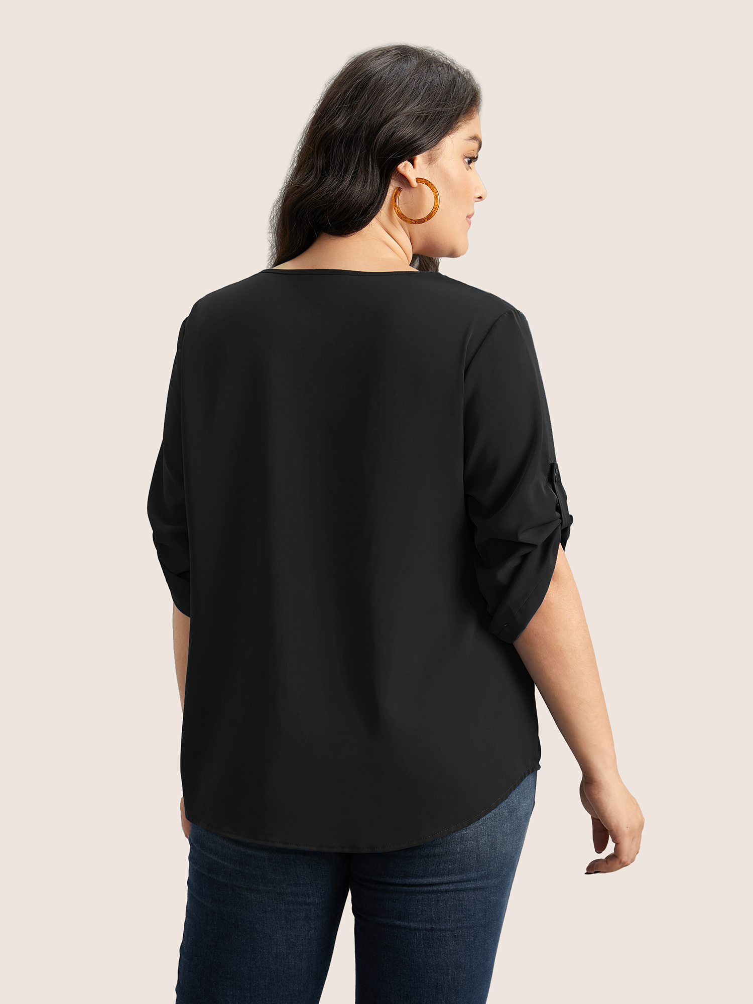 Plus Size Black Anti-Wrinkle Plain Pleated Tab Sleeve Blouse Women At the Office Elbow-length sleeve V-neck Work Blouses BloomChic 18-20/2X 