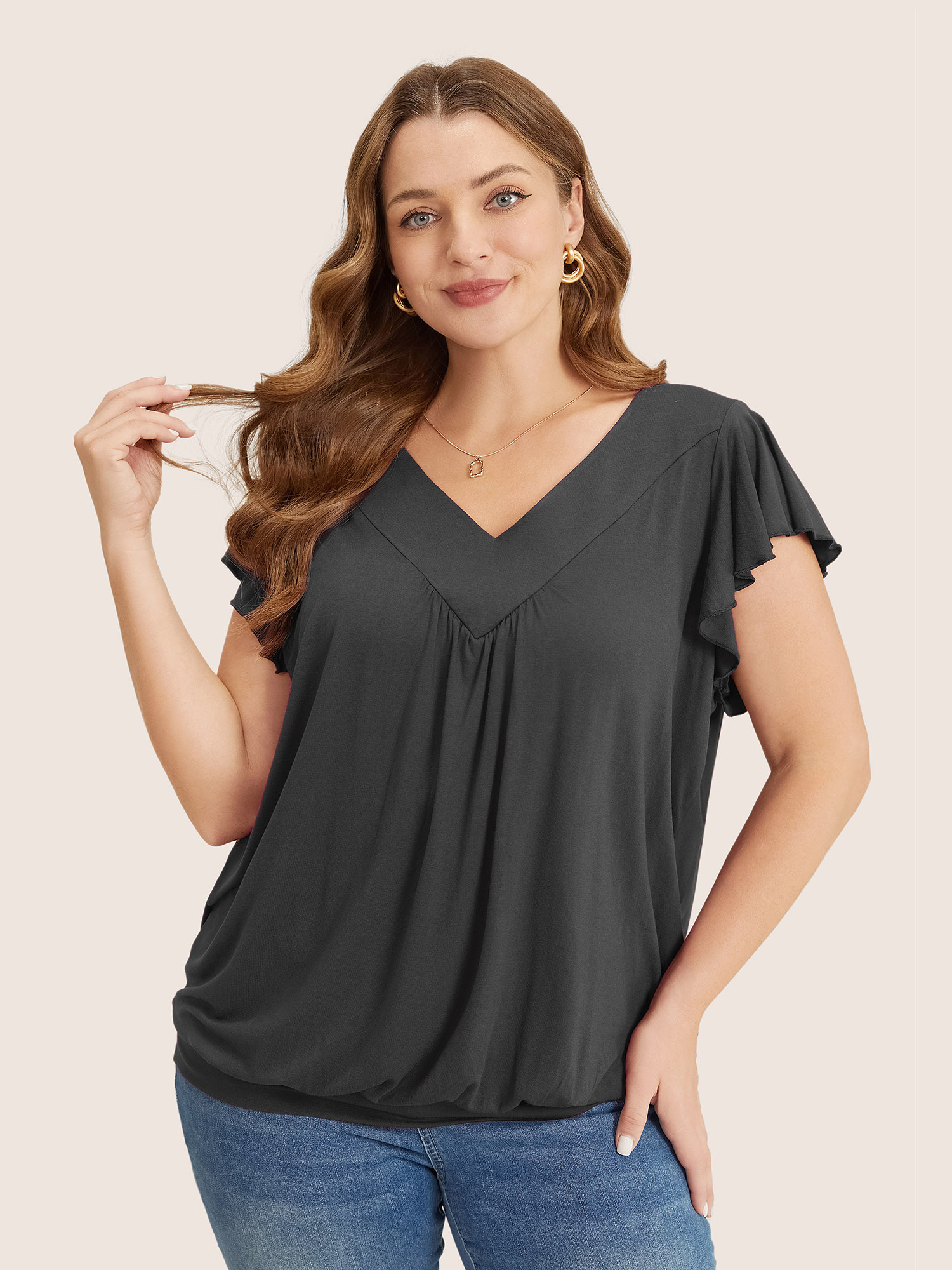 

Plain Gathered V Neck Ruffle Sleeve T-shirt, Dimgray