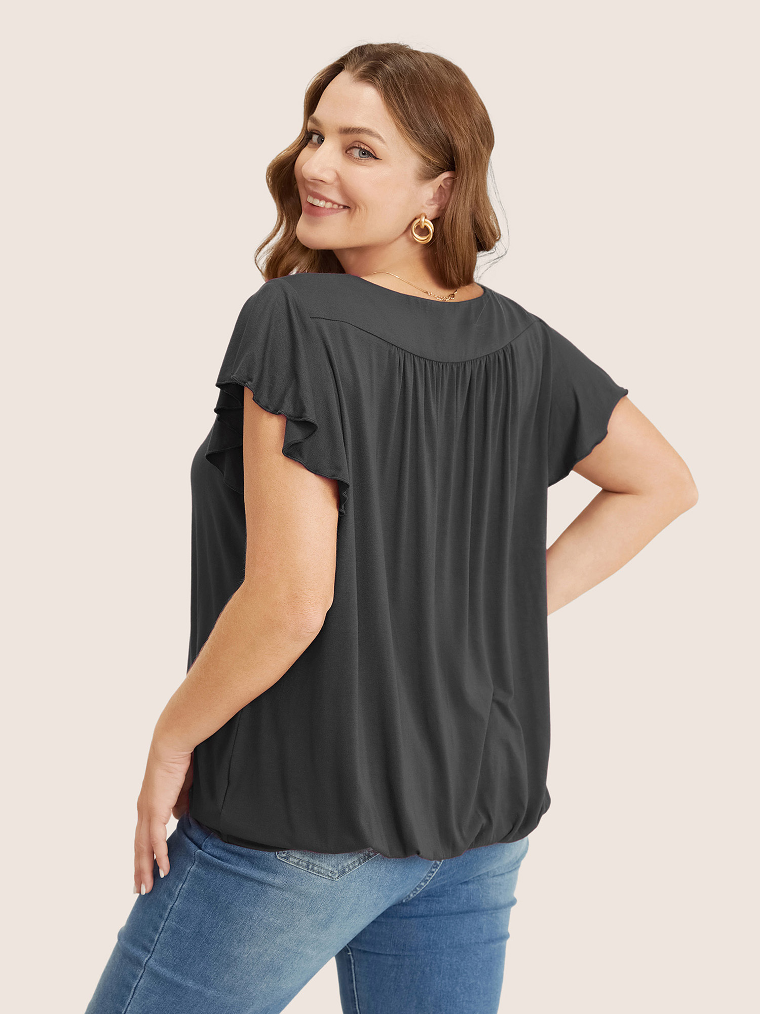 

Plus Size Plain Gathered V Neck Ruffle Sleeve T-shirt DimGray Women Elegant Gathered Plain V-neck Everyday T-shirts BloomChic