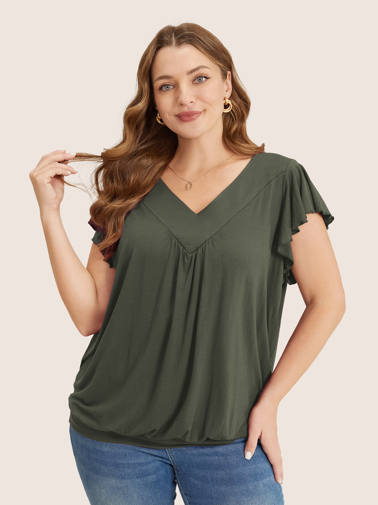 

Plus Size Plain Gathered V Neck Ruffle Sleeve T-shirt ArmyGreen V-neck Cap Sleeve Elegant Jersey Tops