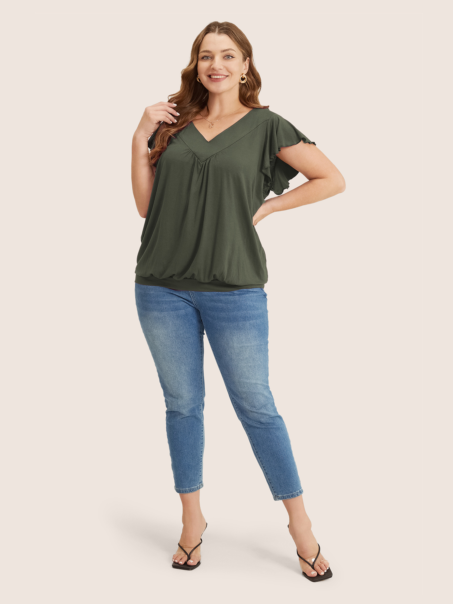 

Plus Size Plain Gathered V Neck Ruffle Sleeve T-shirt ArmyGreen V-neck Cap Sleeve Elegant Jersey Tops