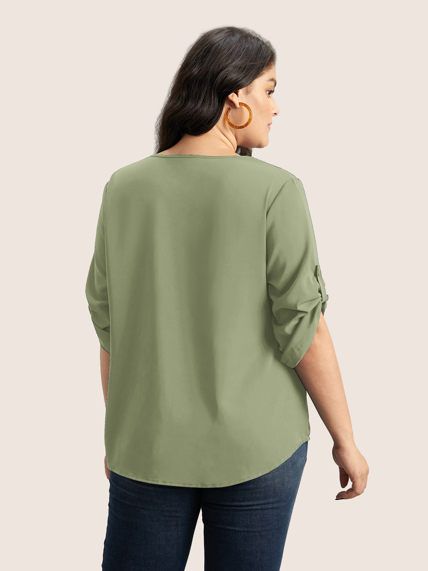 

Plus Size Sage V Neck Plain Pleated Tab Sleeve Blouse Women At the Office Elbow-length sleeve V-neck Work Blouses BloomChic