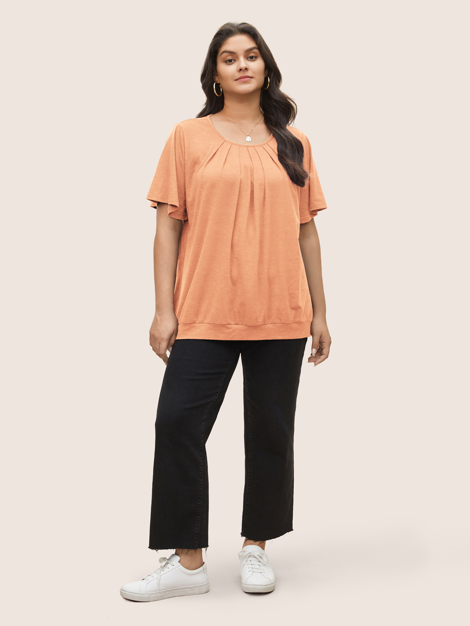 

Plus Size Solid Plicated Detail Flutter Sleeve T-shirt Crepe Women Elegant Non Plain Round Neck Everyday T-shirts BloomChic