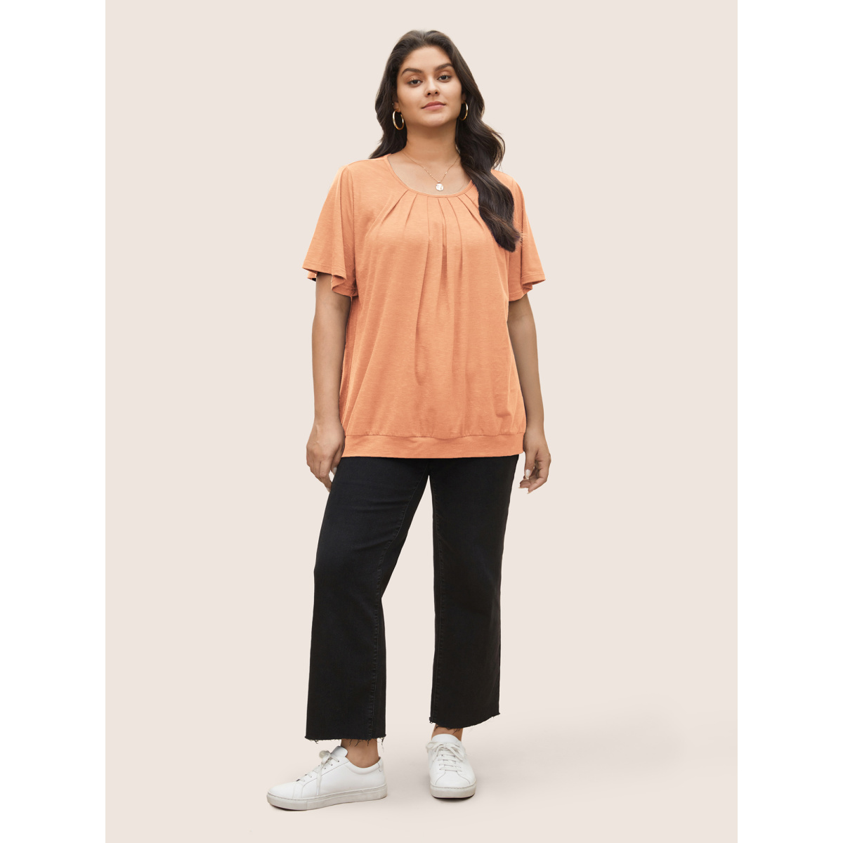 

Plus Size Solid Plicated Detail Flutter Sleeve T-shirt Crepe Women Elegant Non Plain Round Neck Everyday T-shirts BloomChic