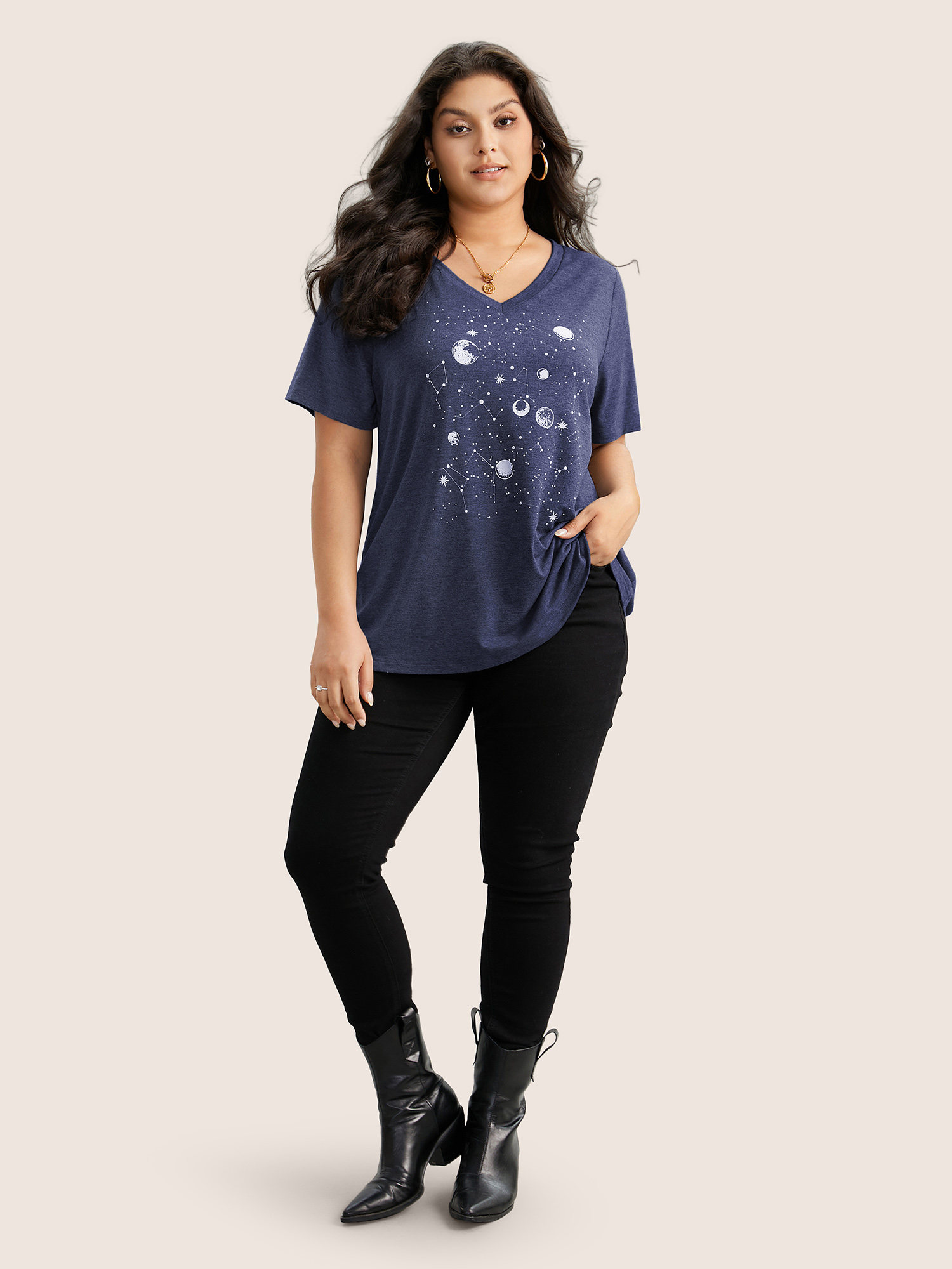 

Plus Size Moon and Star Print V Neck T-shirt DarkBlue Women Casual Non Star and moon V-neck Everyday T-shirts BloomChic