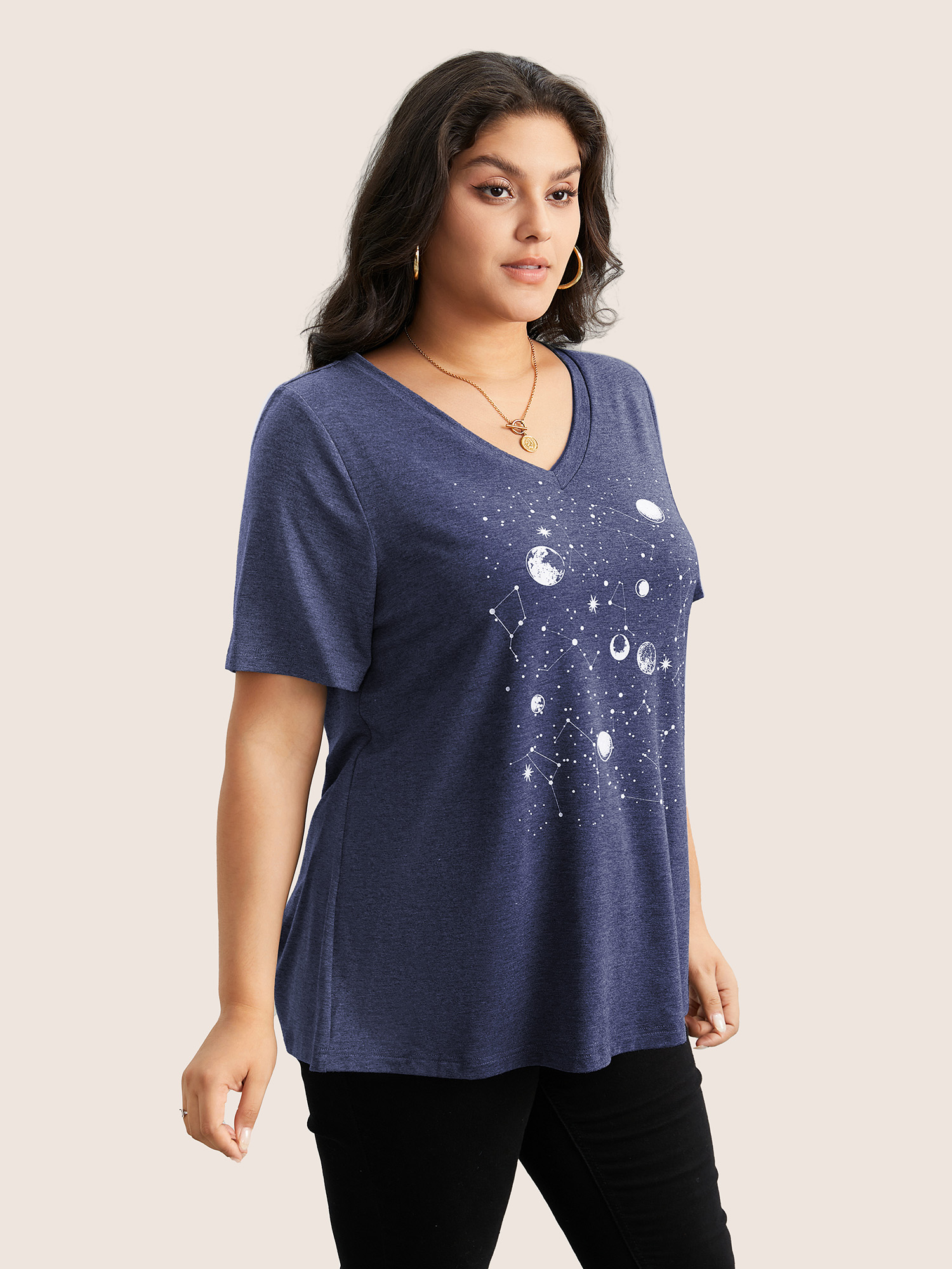 Plus Size Moon and Star Print V Neck T-shirt DarkBlue Women Casual Non Star and moon V-neck Everyday T-shirts BloomChic 30/6X 