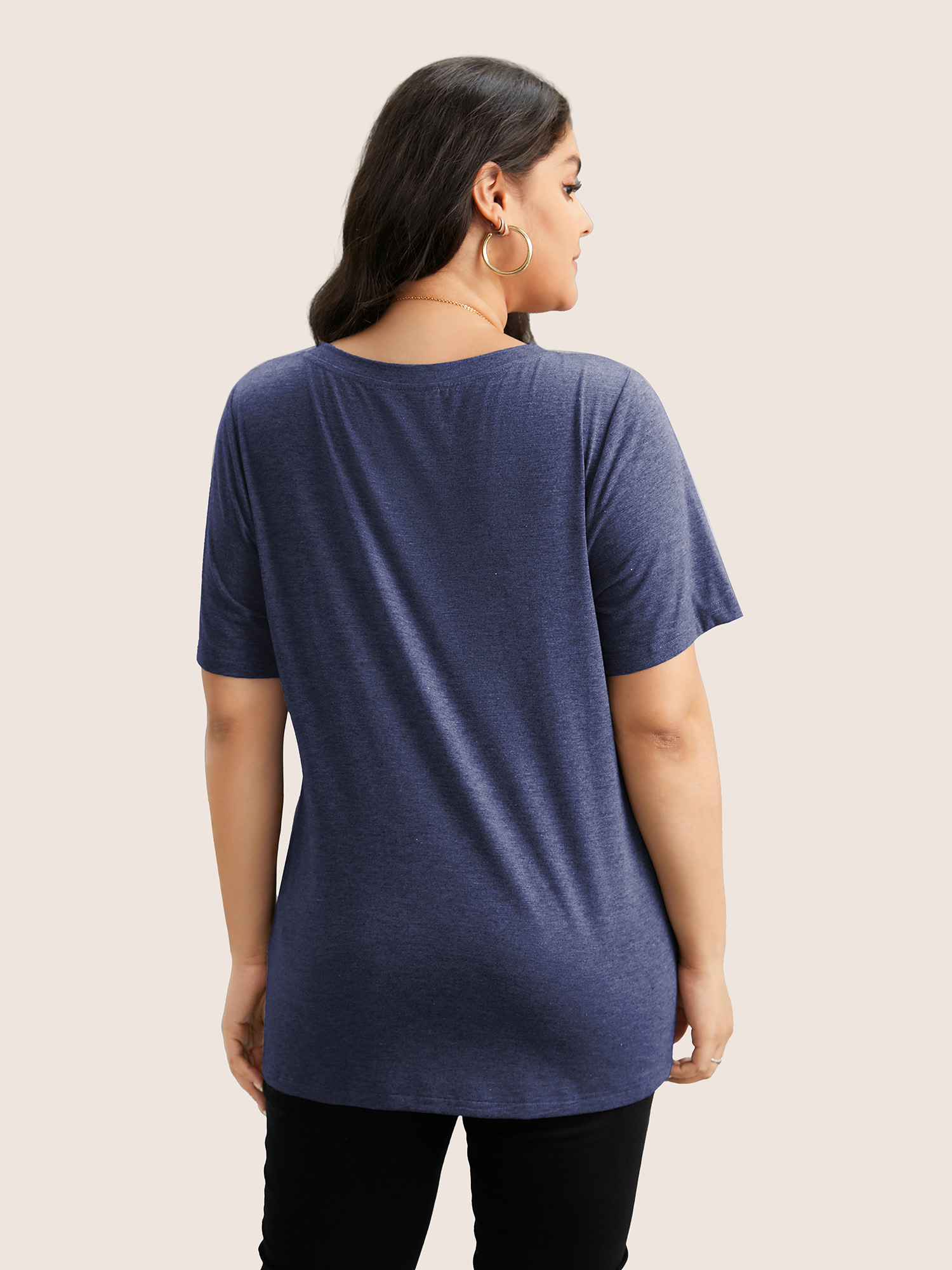 Plus Size Moon and Star Print V Neck T-shirt DarkBlue Women Casual Non Star and moon V-neck Everyday T-shirts BloomChic 30/6X 