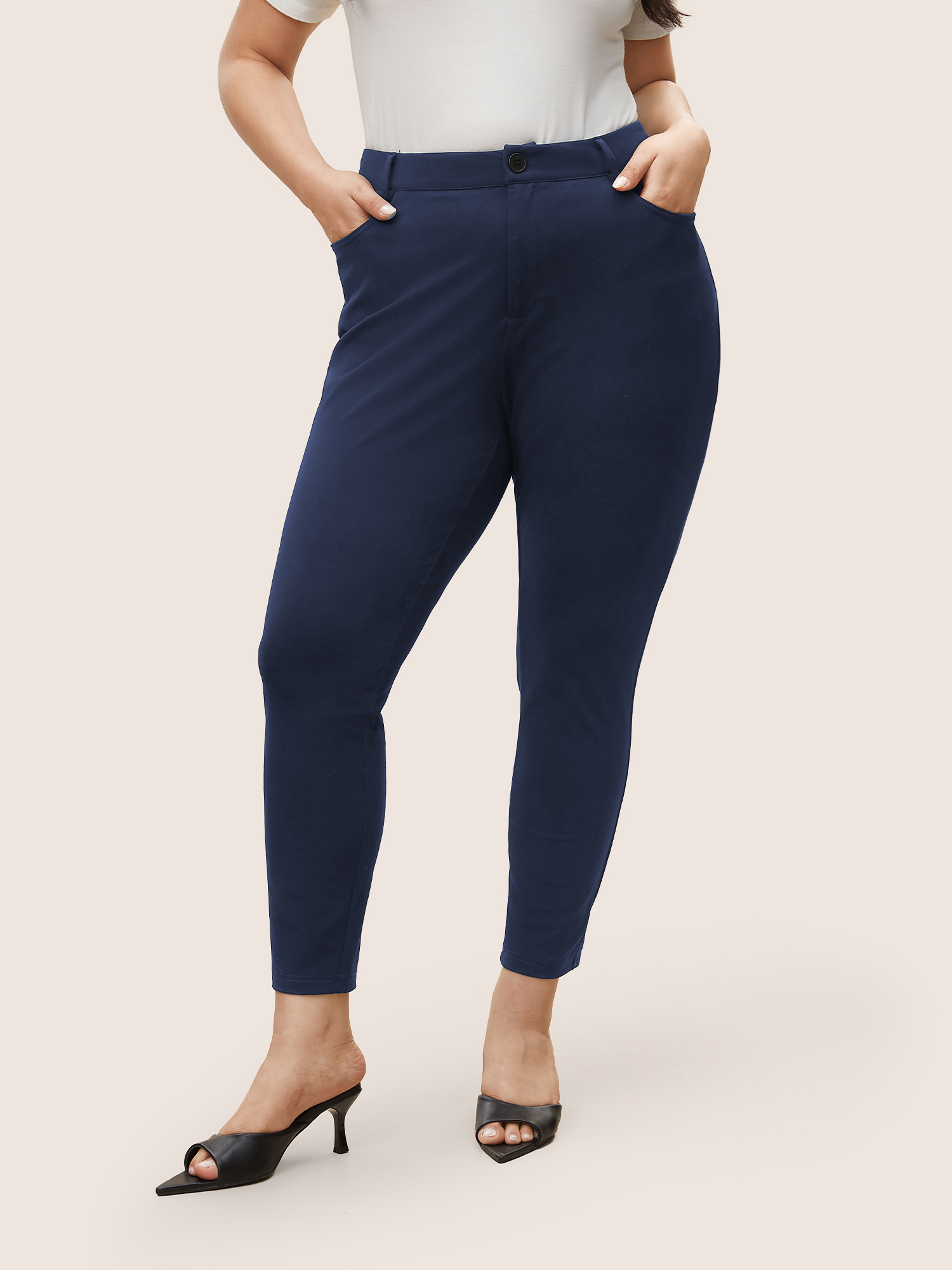 

Plus Size High Rise Button Up Skinny Pants Women Indigo At the Office Skinny High Rise Work Pants BloomChic