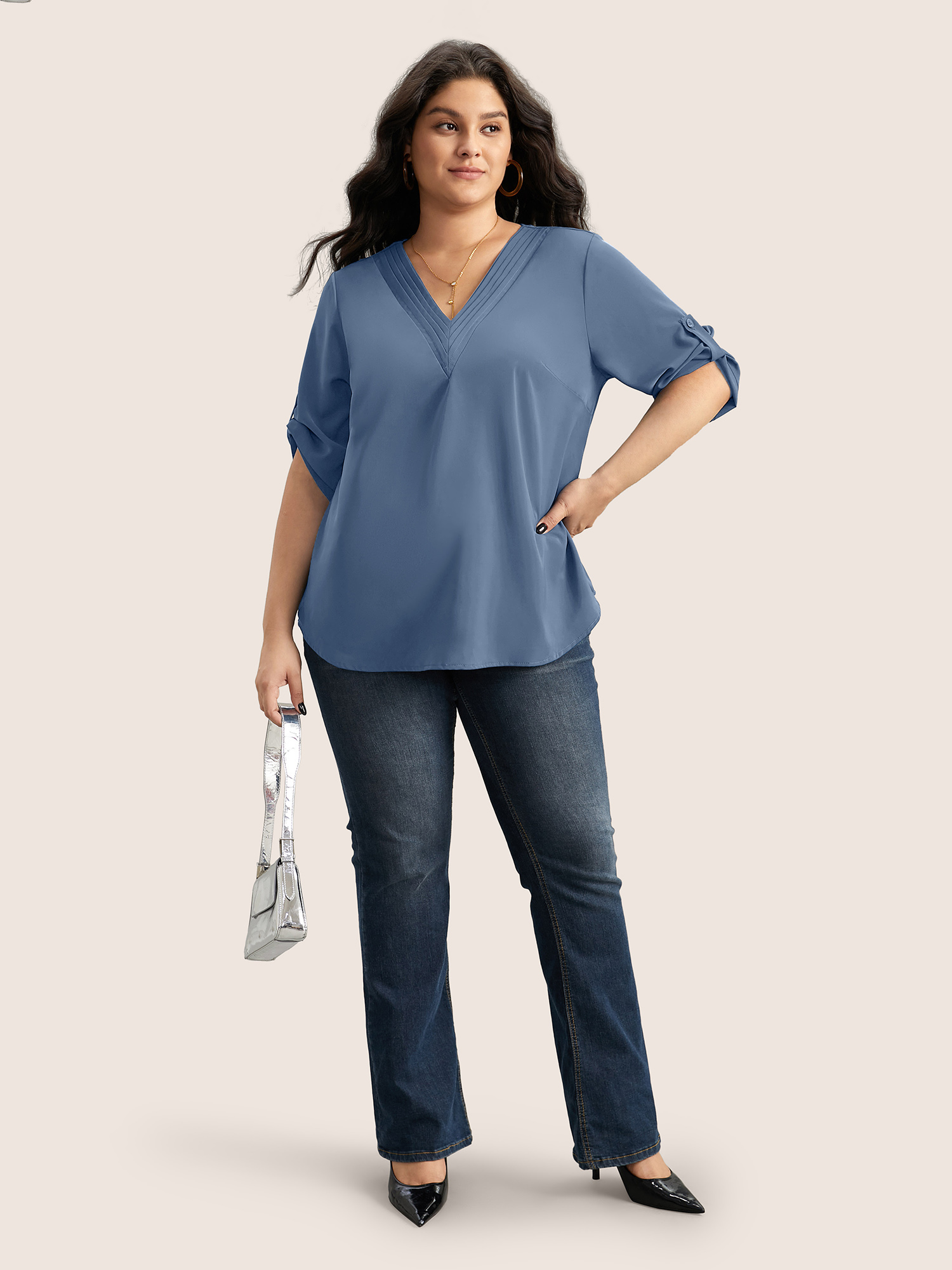 Plus Size Stone Anti-Wrinkle Plain Pleated Tab Sleeve Blouse Women At the Office Elbow-length sleeve V-neck Work Blouses BloomChic 12/L 