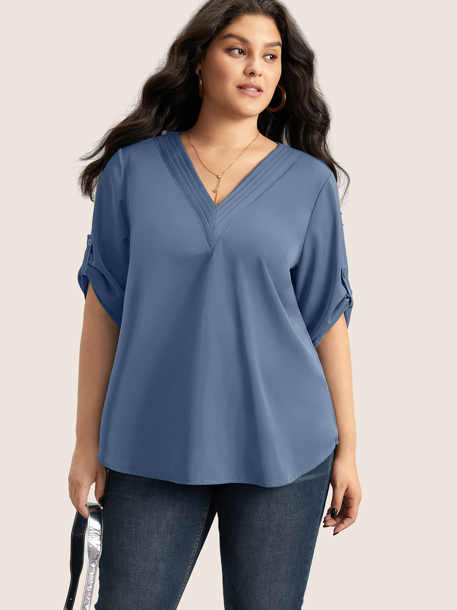 

Plus Size Stone V Neck Plain Pleated Tab Sleeve Blouse Women At the Office Elbow-length sleeve V-neck Work Blouses BloomChic
