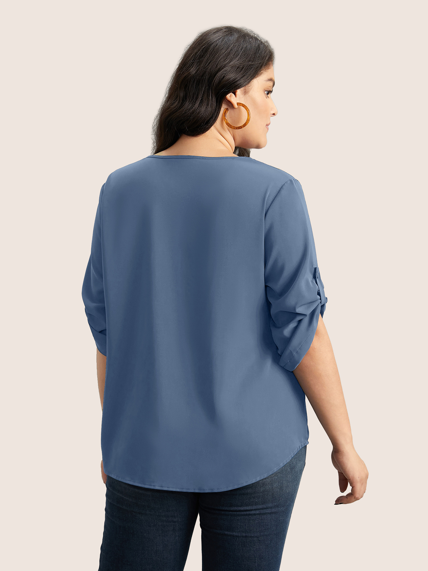 Plus Size Stone Anti-Wrinkle Plain Pleated Tab Sleeve Blouse Women At the Office Elbow-length sleeve V-neck Work Blouses BloomChic 12/L 