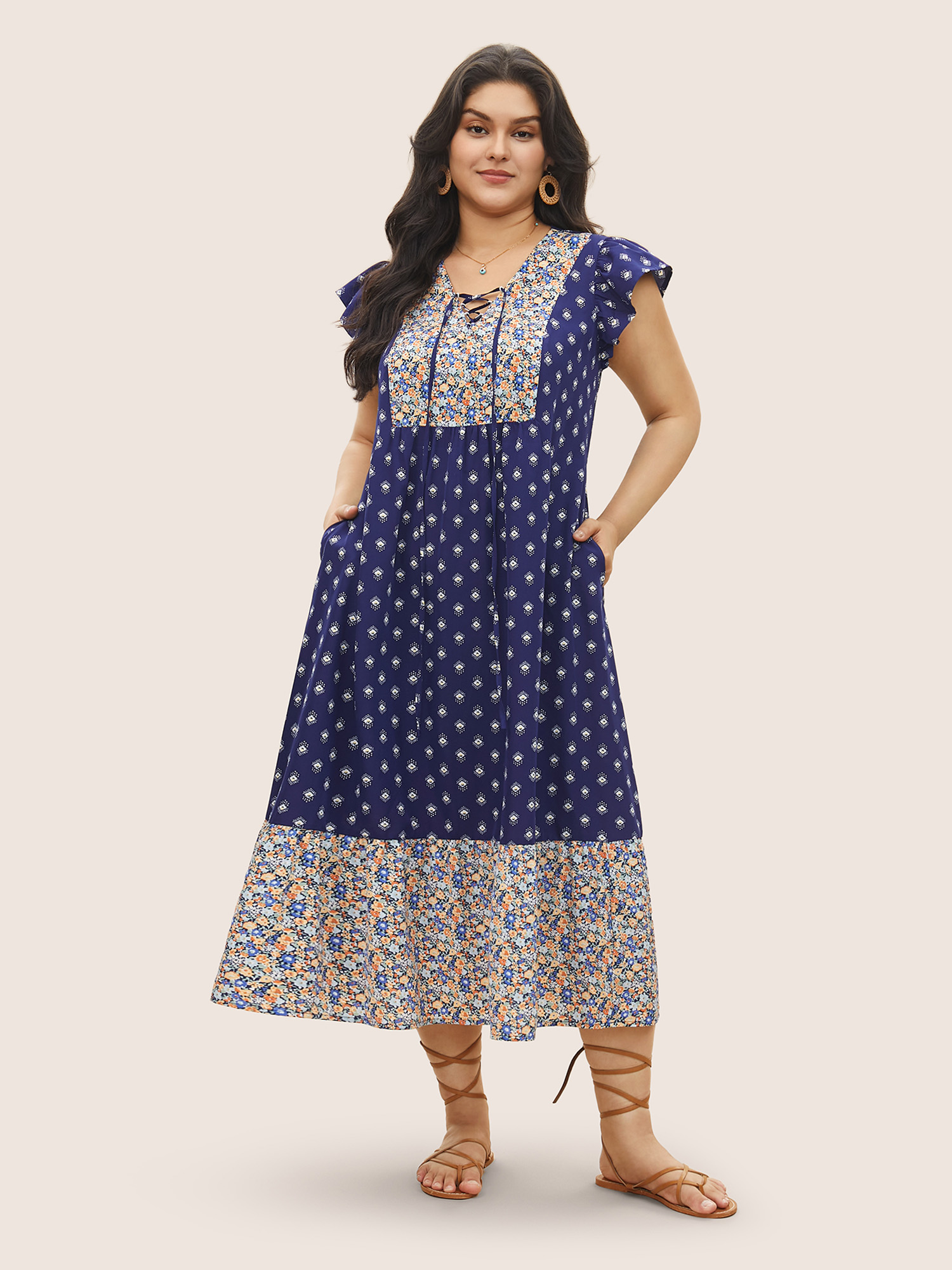Plus Size Boho Print Ruffle Cap Sleeve Lace Up Dress DarkBlue Women Resort Non V-neck Cap Sleeve Curvy Midi Dress BloomChic 22-24/3X 