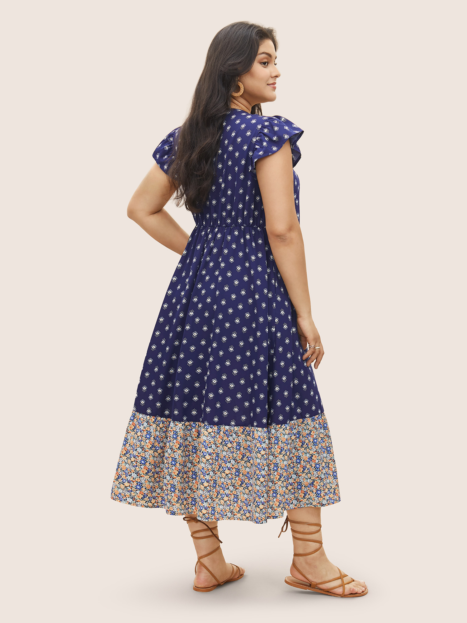 Plus Size Boho Print Ruffle Cap Sleeve Lace Up Dress DarkBlue Women Resort Non V-neck Cap Sleeve Curvy Midi Dress BloomChic 22-24/3X 